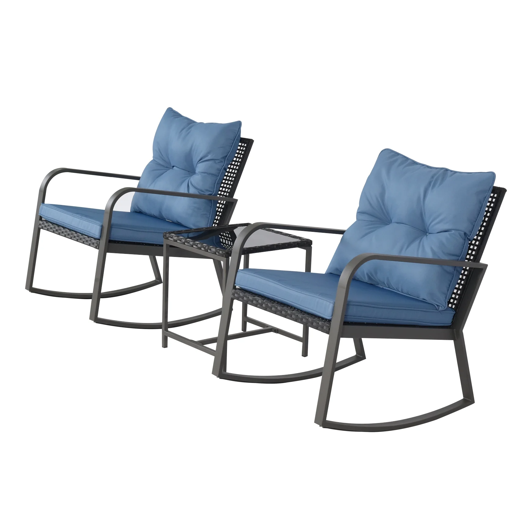 Temminkii 3 Pieces Patio Bistro Set Outdoor Rocking Chair w Blue Cushion for Yard Garden Poolside