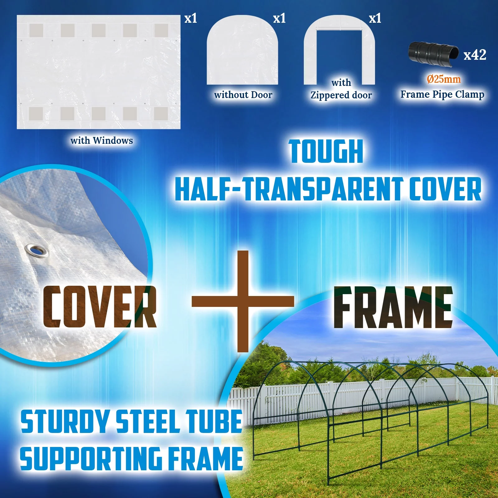 YardGrow Half Transparent Walk-in Plant Greenhouse Heavy Duty Garden Tunnel Tent with ABS Clamps