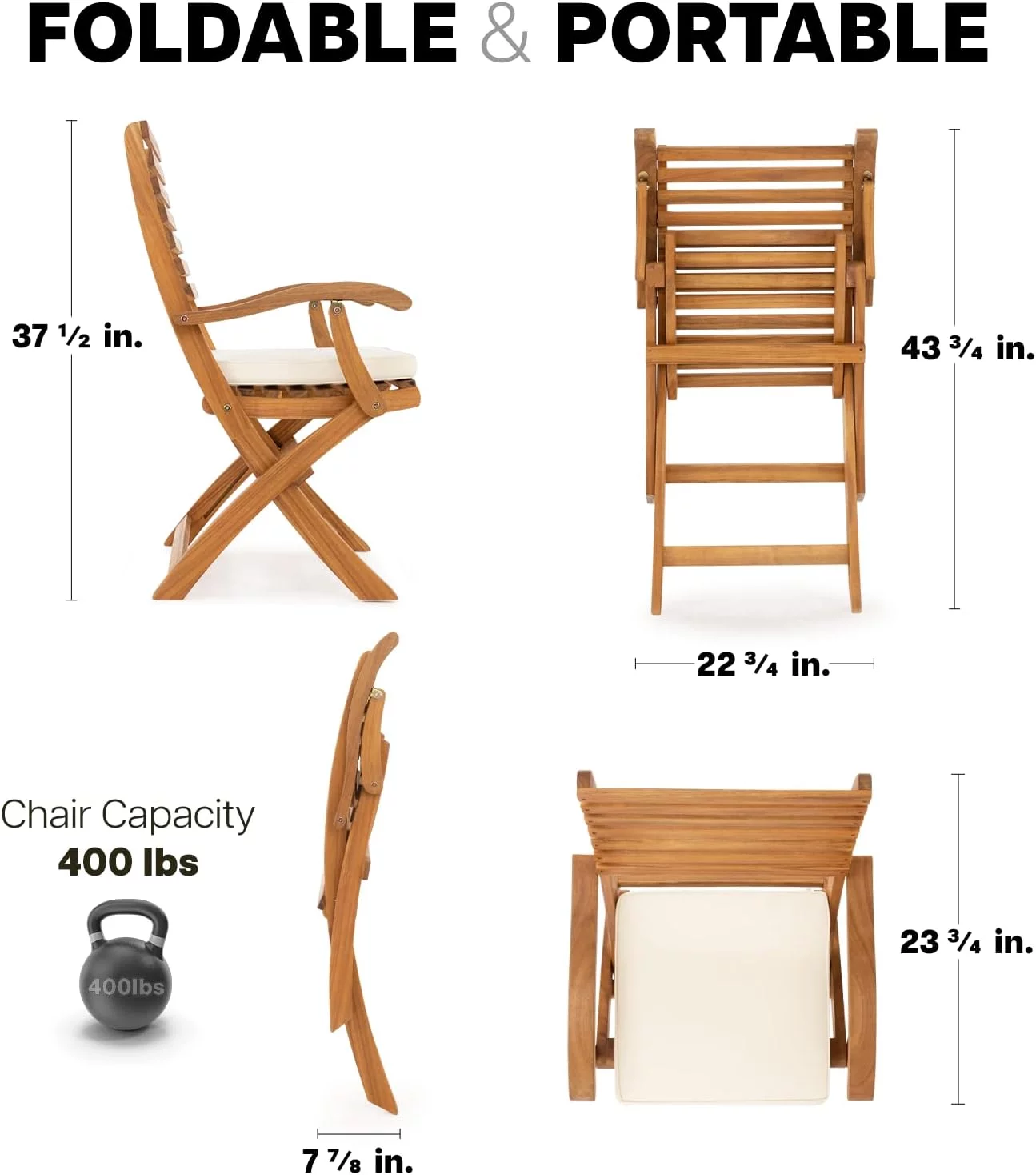 Idzo Percy Wood Folding Chairs Patio Set of 2 Premium Cushions - 400lbs Heavy Duty