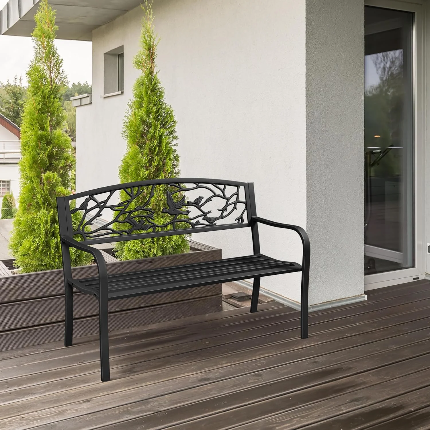 Yaheetech Outdoor Garden Bench Patio Furniture Chair Outdoor Bench with Vintage Bird Pattern Backrest, Slatted Seat, Antique Metal Bench for Yard & Porch & Park, Black