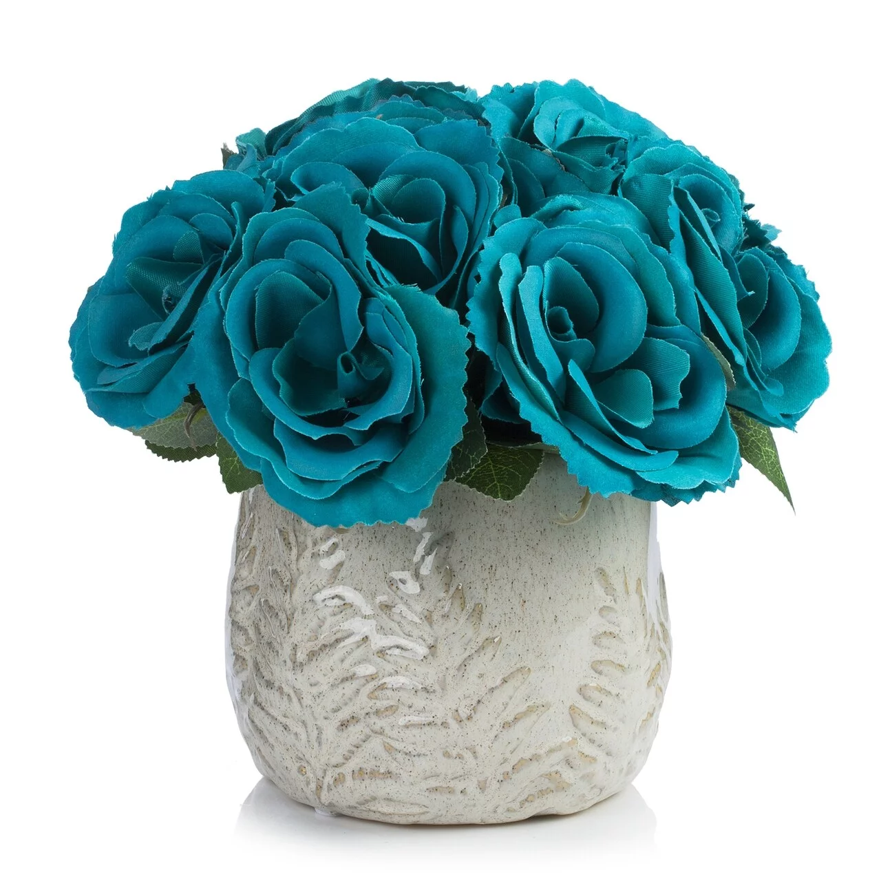 Enova Home  Artificial Velvet Roses Faux Silk Flowers Arrangement in Round Tapered Ceramic Pot for Home Wedding Decoration Aqua