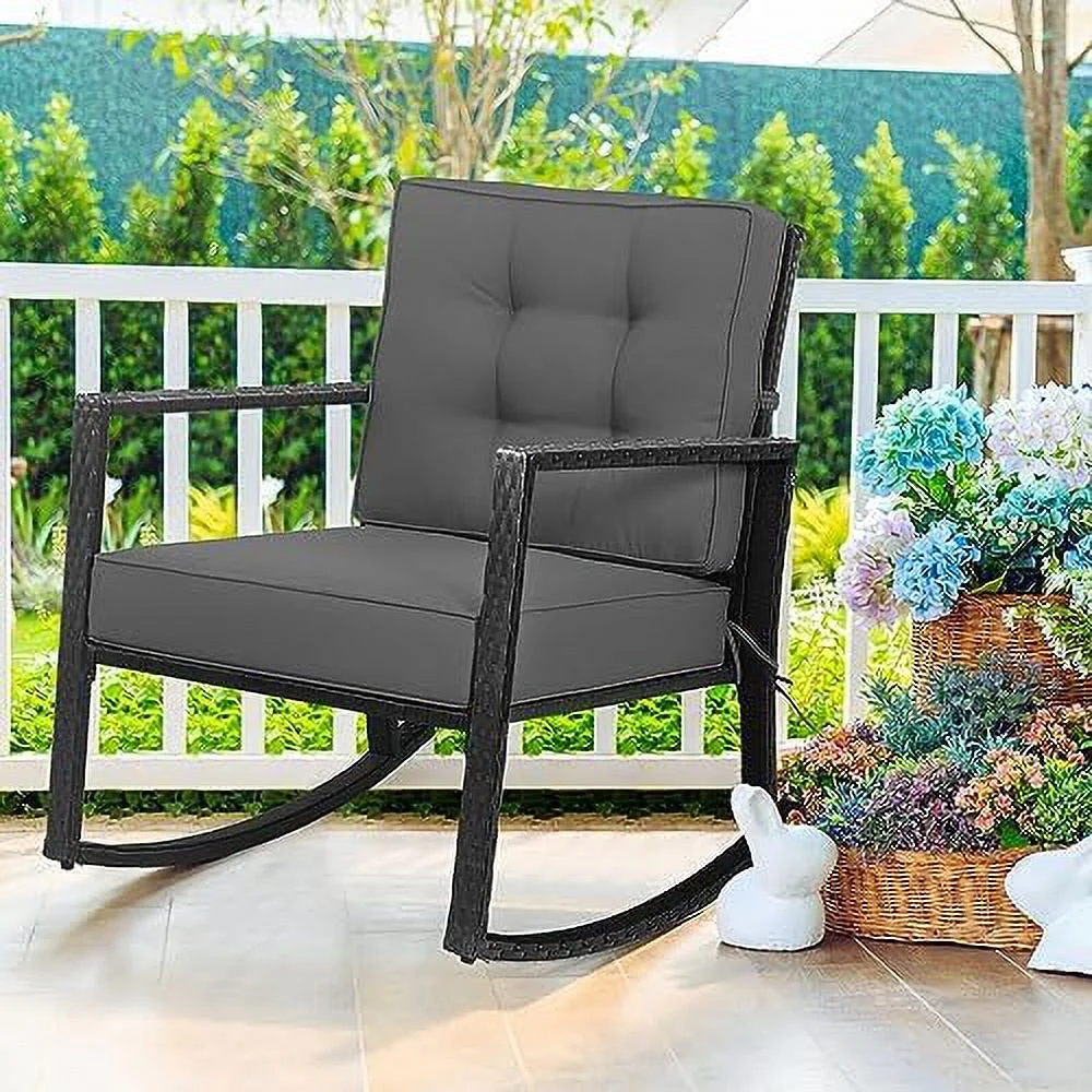 LNSETGC Wicker Rocking Chair  Outdoor Glider Rattan Rocker Chair with Cushion for Garden  Porch  Backyard  Poolside  Grey