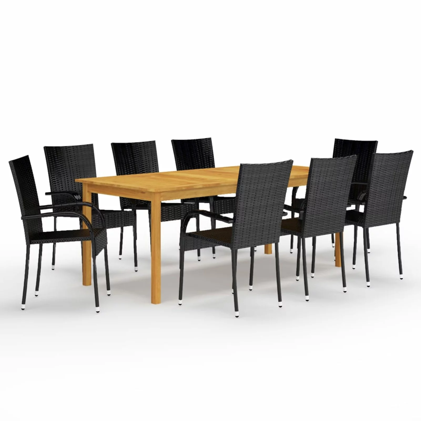 Anself Set of 9 Outdoor Dining Set Acacia Wood Table and 8 Chairs Black Poly Rattan Steel for Garden, Lawn, Courtyard, Backyard