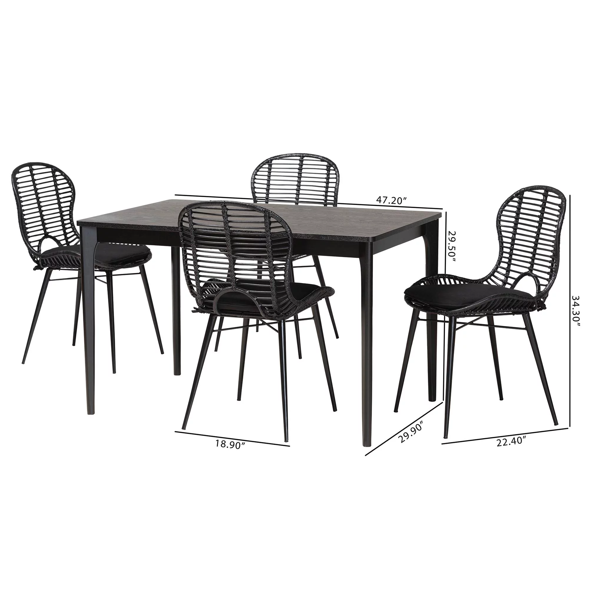 Baxton Studio Brenna Rattan BOHO Dining Sets, 5-Piece, Black