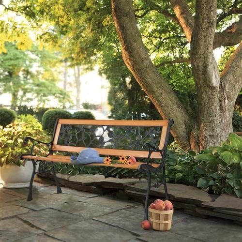 49.5in Garden Bench, Deck Hardwood Seat and Metal Armrest Park Bench for Patio Front Porch Path Yard Lawn Poolside (Rose)