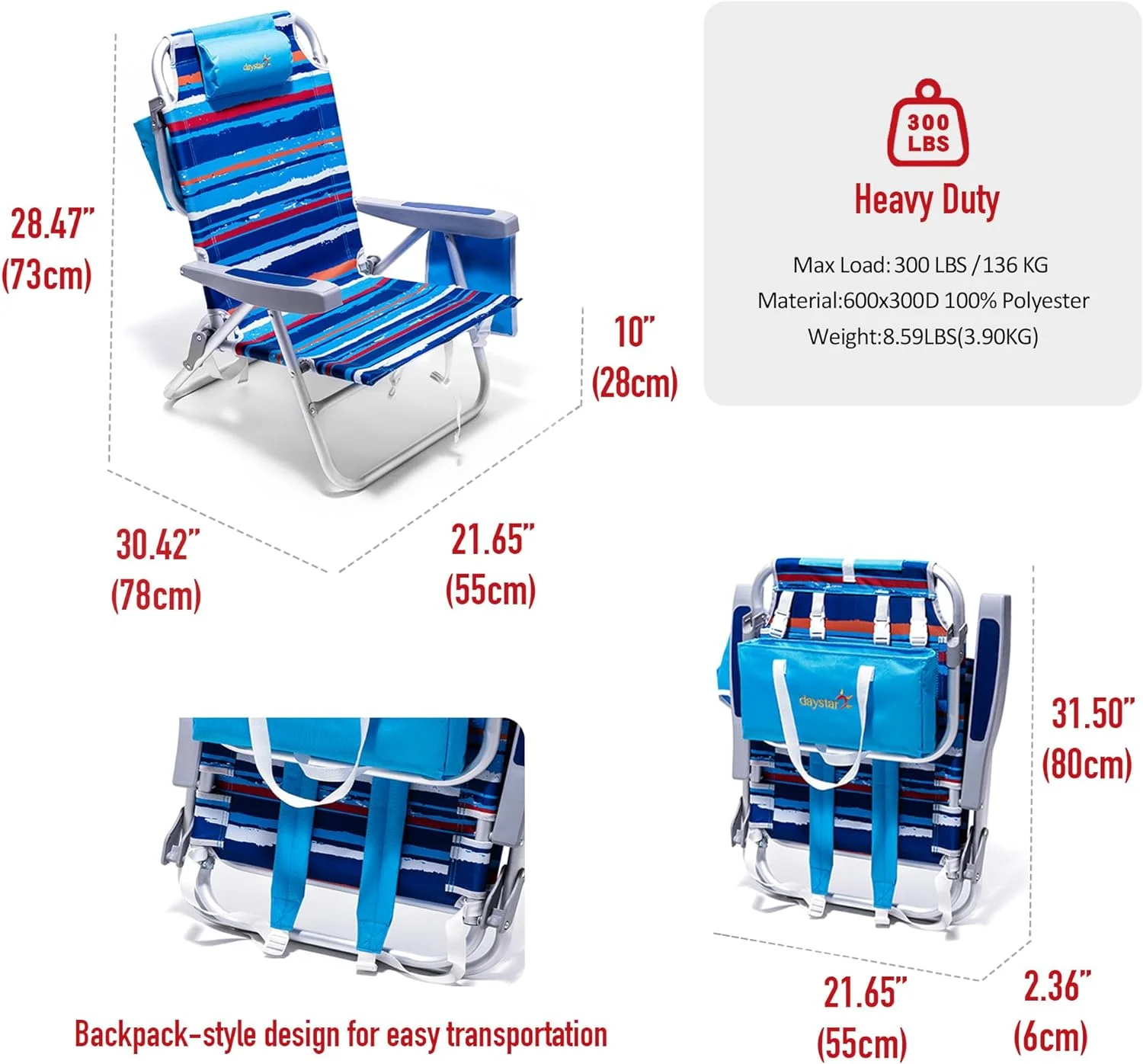 SUNNYFEEL Low Beach Chair 5 Position Lay Flat, Portable Folding Backpack Beach Chairs Heavy Duty with Cooler Bag, Cup Holder for Outdoor/Lawn/Picnic/Fishing, Foldable Camping Chair (New BlueStripe)