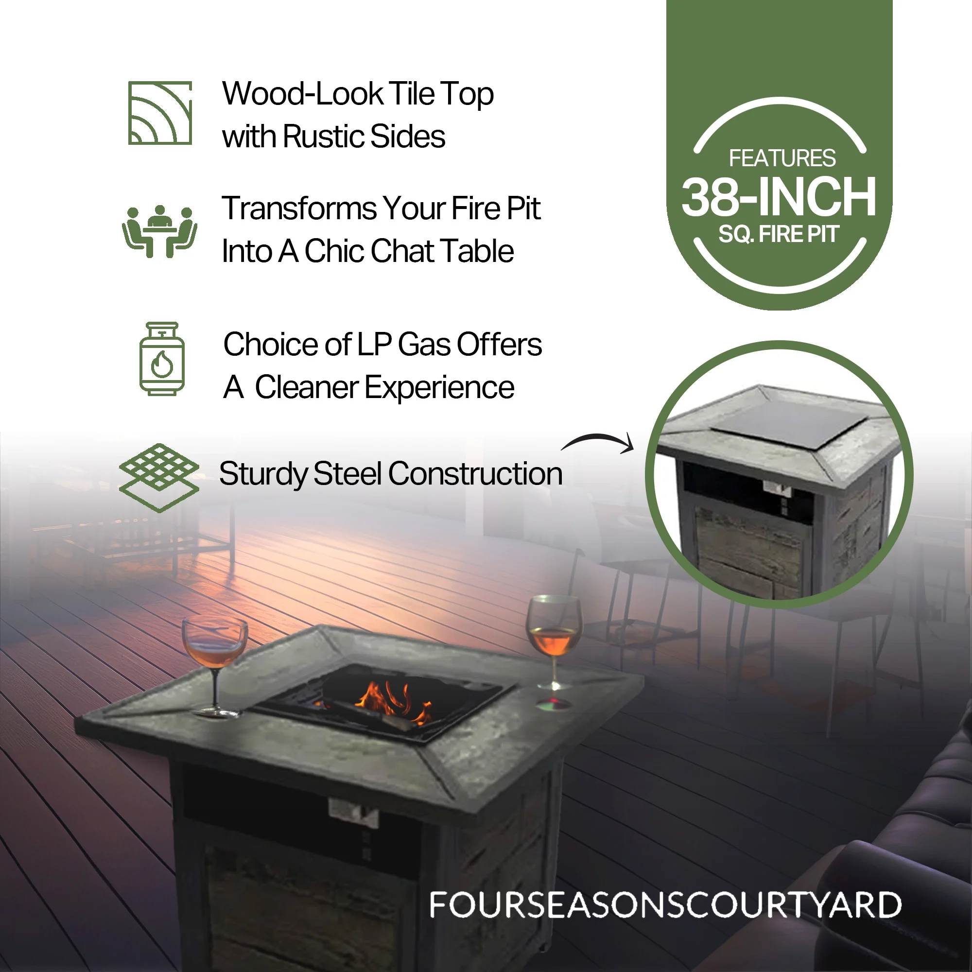 Patio Master Evanston Gas Fire Pit with Steel Cover and Faux Wood Tile Top