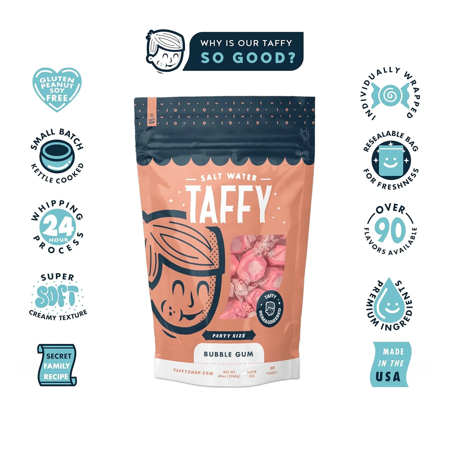 Bubble Gum Salt Water  - Small Batch Salt Water Taffies Made In The - Super Soft,  Sweet - Guaranteed  - Gluten-Free, Soy-Free, -Free - Party (80Oz) Bag