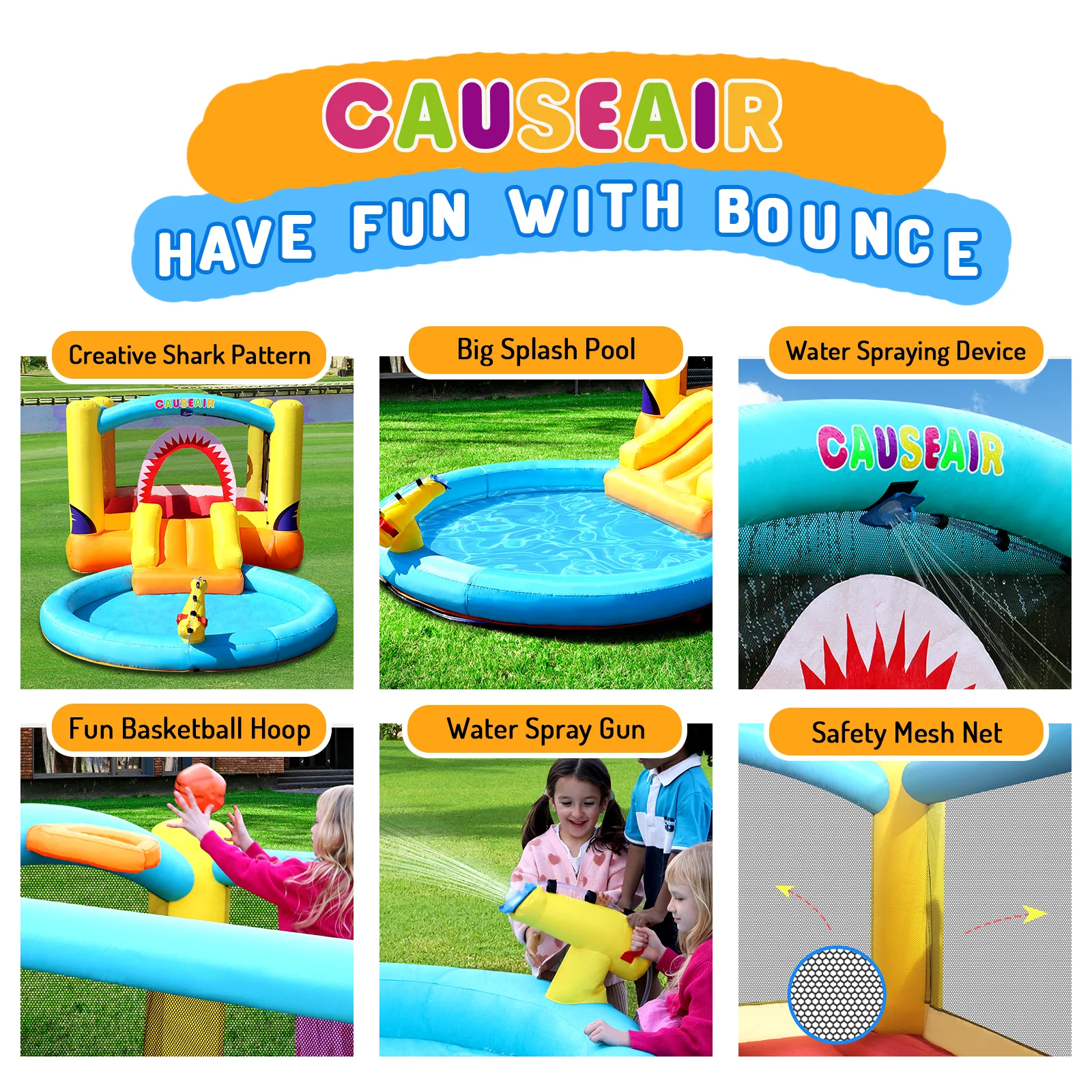 Casueair Inflatable Bounce House with Ball Pit & Water Slide,Wet & Dry Use,Water Spray Gun,Basketball Hoop,Bouncy House for Toddler Kids