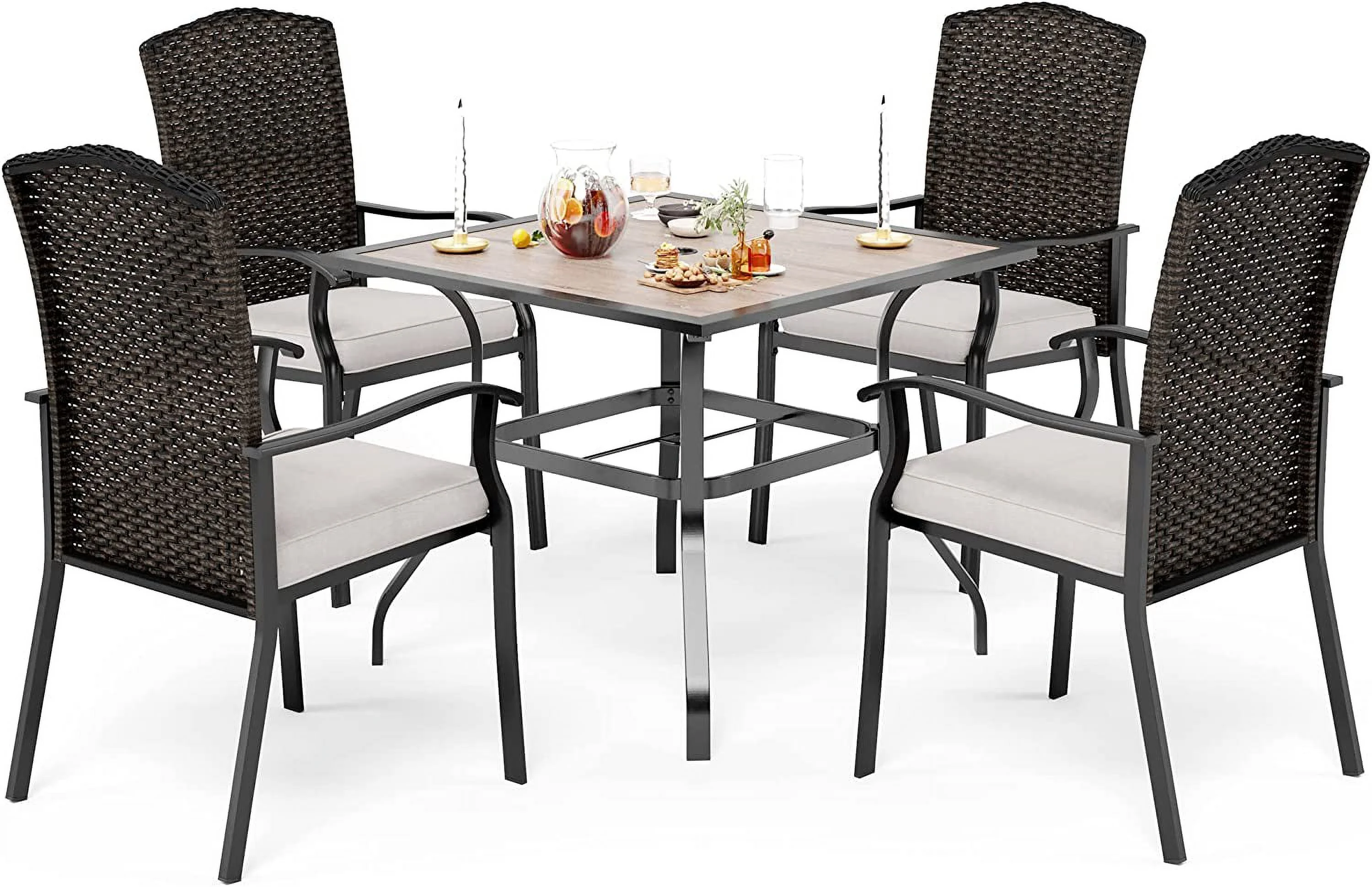 VALLEY Patio Dining Set 5 PCS C Spring Outdoor Dining Sets Wicker Patio Chairs with Cushion 37\u201Dx37\u201Dx28\u201DSquare Table 1.57" Umbrella Hole for Outdoor Kitchen Lawn Garden.