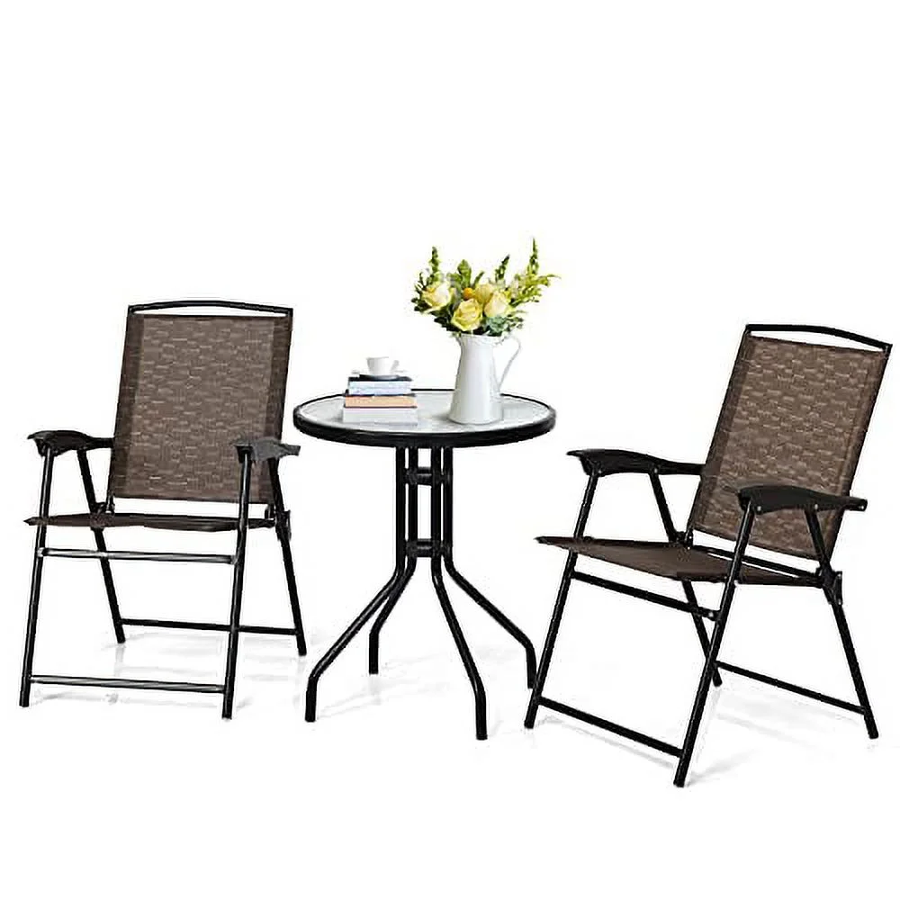 DORTALA 3PCS Bistro Set, Patio Conversation Set w/2 Folding Chairs, Indoor & Outdoor Dining Furniture Set w/Round Table forPoolside