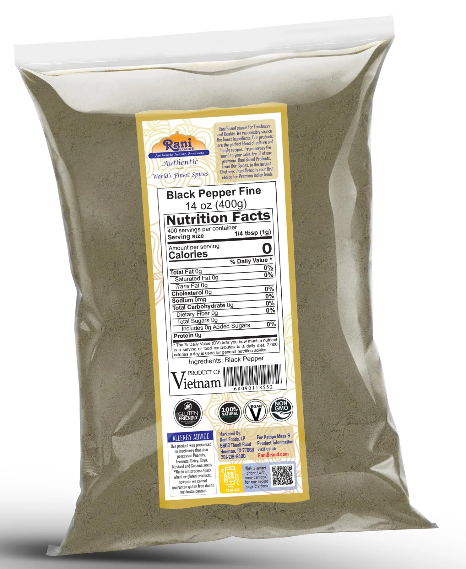 Rani Black Pepper Fine Powder 80 Mesh, 14oz (400g) ~ All Natural | Vegan | Gluten Friendly | NON-GMO | Kosher