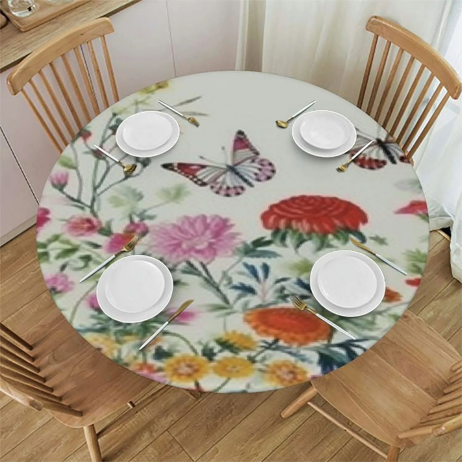 ONETECH  Summer Colorful Flowers and Butterflies Flying Elastic Fitted Round Tablecloths, Waterproof Wipe Clean Polyester Table Cloths, for Outdoor Patio Indoor Kitchen Dining Party,