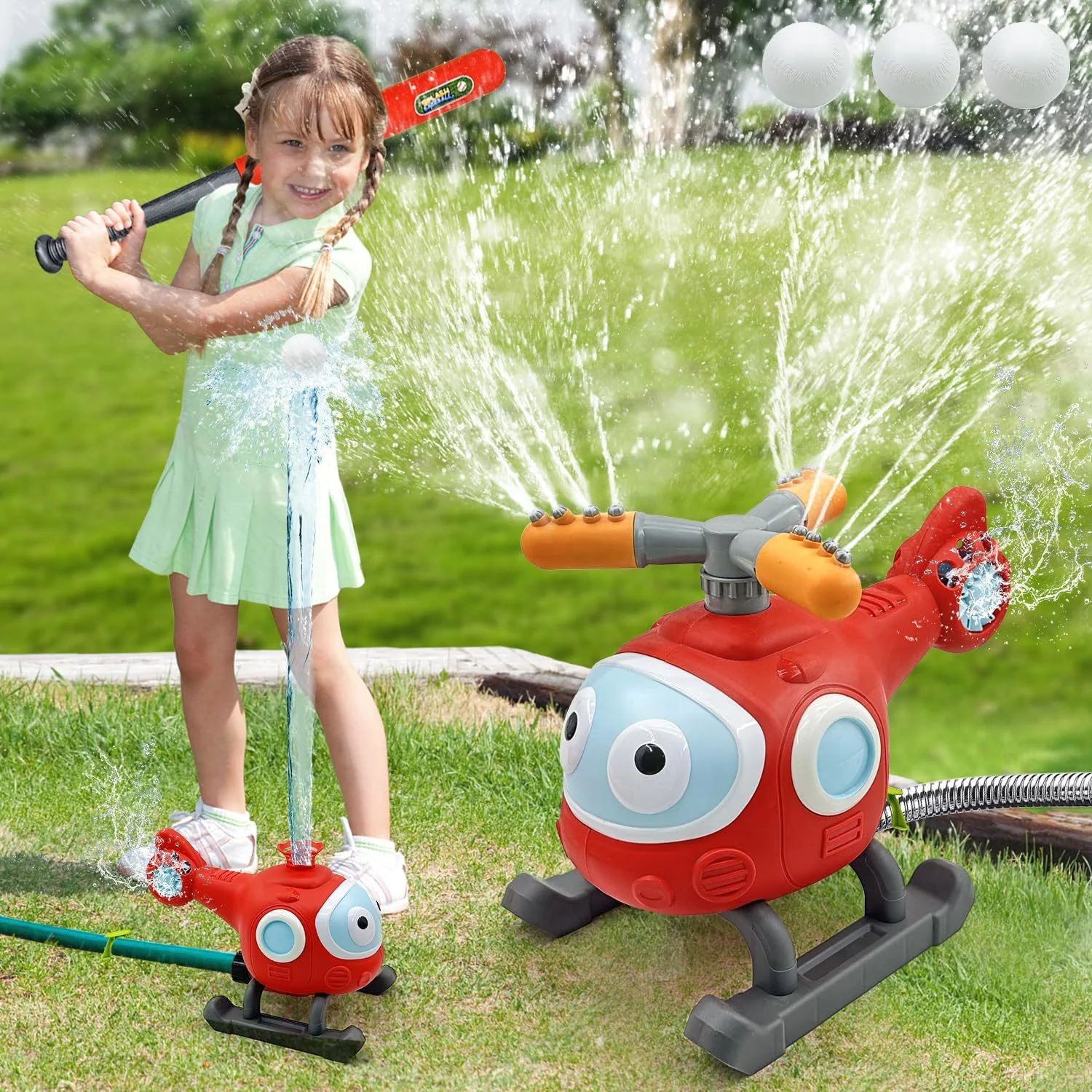 2-in-1 Water Sprinkler Baseball Helicopter Toy for Kids Outdoor Play, Attaches to Garden Hose, Summer Outside Toys Lawn Backyard Game Pool Party for Kids Age 3 4 5 6 7 8, 12 Gift