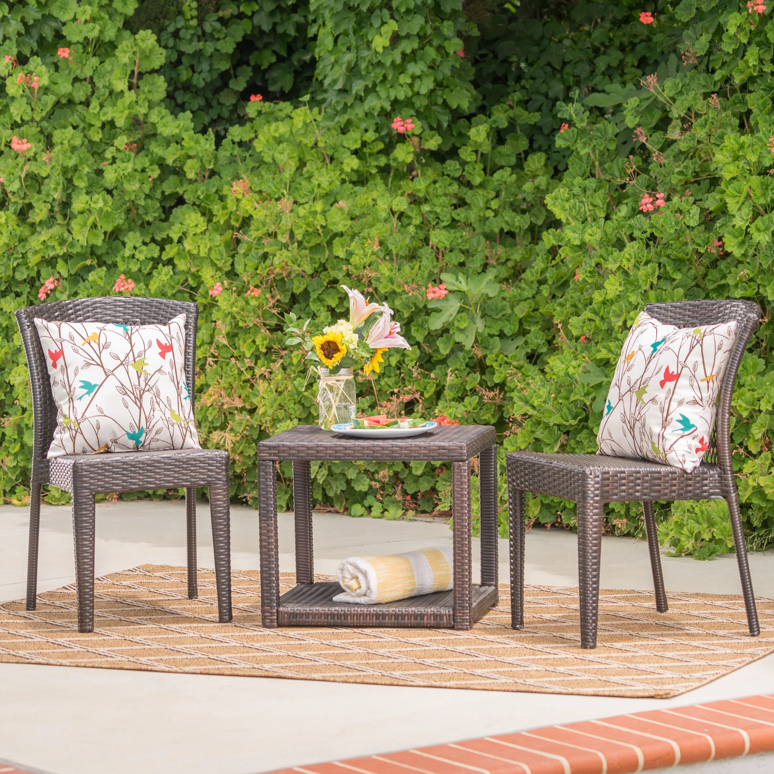 Ava Outdoor 3 Piece Wicker Stacking Chair Chat Set, Multibrown