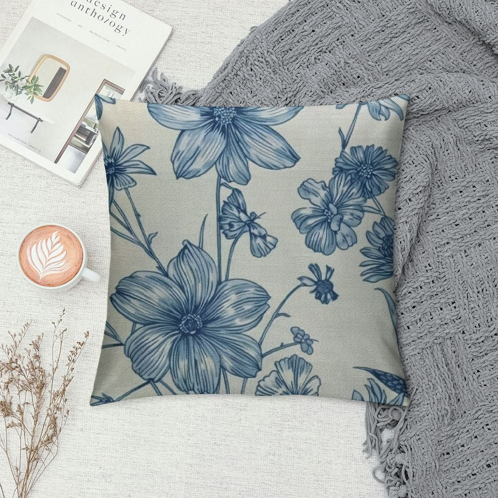 Qlloopoed Decorative Square Throw Pillow Cover Cute Line Insects Vintage Color Blossom Pattern Aster Blue Butterfly Nature Flowers Hand Colorful Modern Design Cushion Case for Car Bed  Inch White