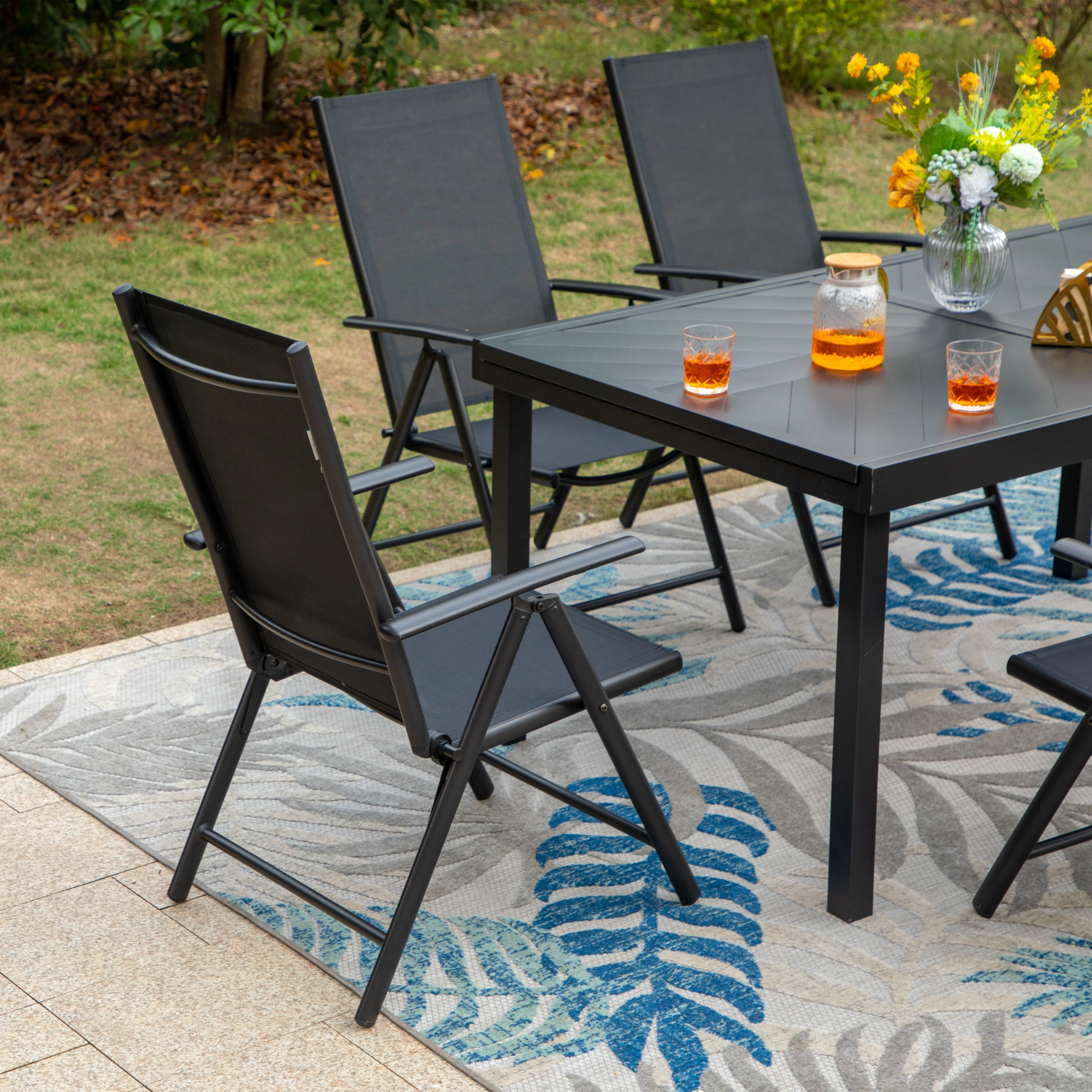 Outdoor 7 Pieces Dining Set, 6 x Reclining Folding Sling Dining Chairs and 1 Patio Extendable Table for 6-8 Person - 7-pieces Black