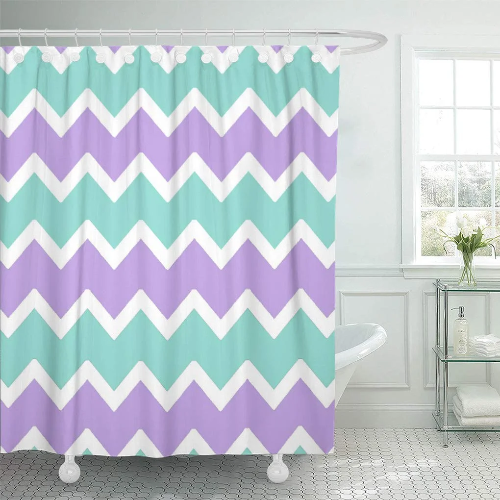 Libin Purple Aqua Blue Chevron Baby Girl Shower Curtain 60x72 inch
