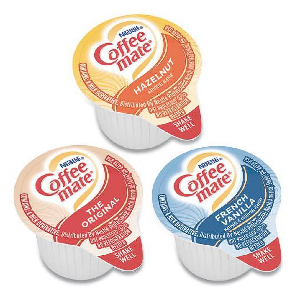 Coffee mate Liquid Creamer Singles Variety Pack, Individual Creamers Singles, Original, French Vanilla, Hazelnut, 3 Flavors x 60 ct, 180/Box and Best Bonus 4u Sugar Packets