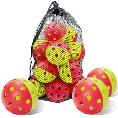 Kisportee Outdoor Pickleball Balls 12 Pack, Pickle Ball Ball for Outdoor Play with Dog, USAPA Standard 40 Holes, Training Practice Playing Balls with Bag, High Bounce, Visibility (Redgreen)