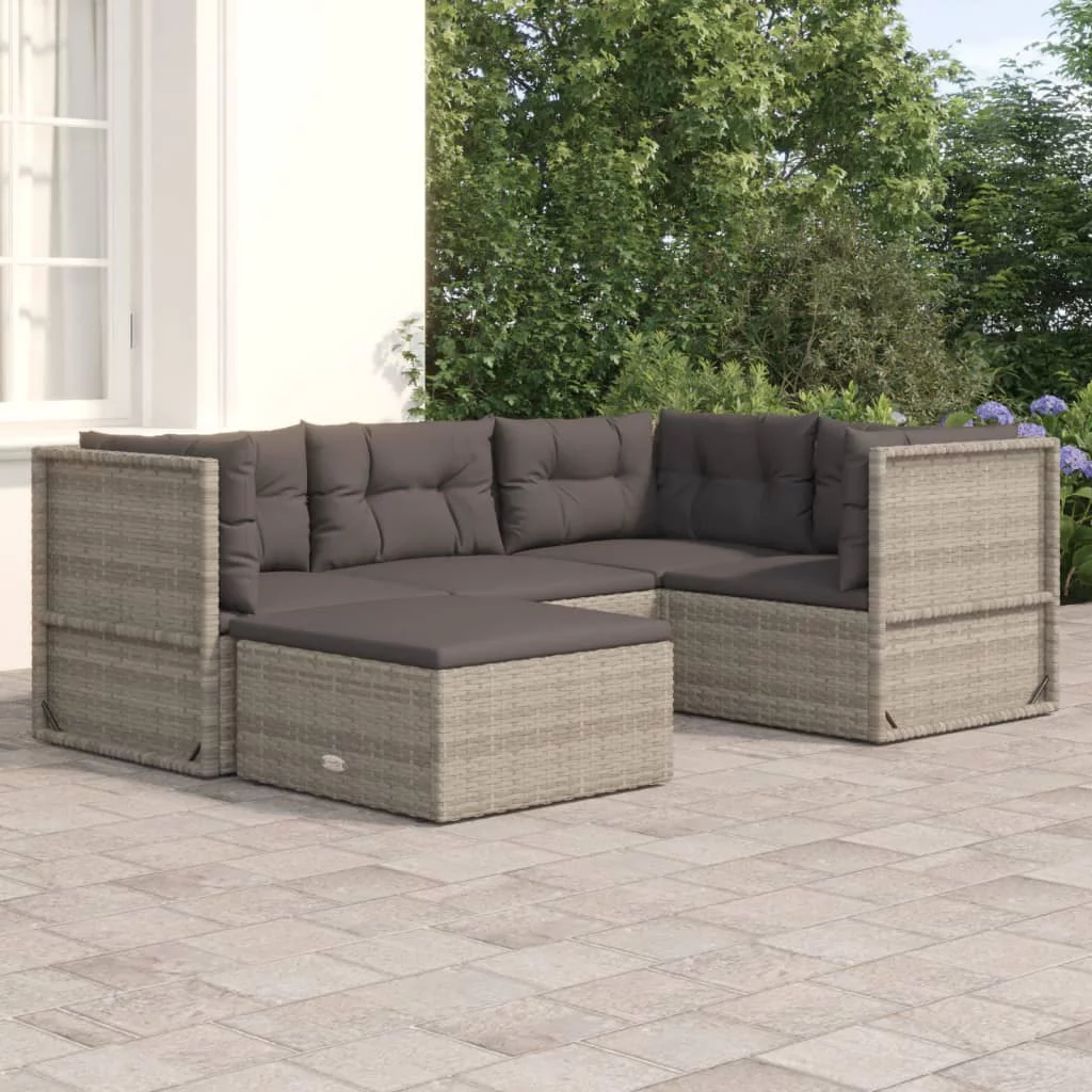 Anself 5 Piece Patio Set with Cushions Gray Poly Rattan