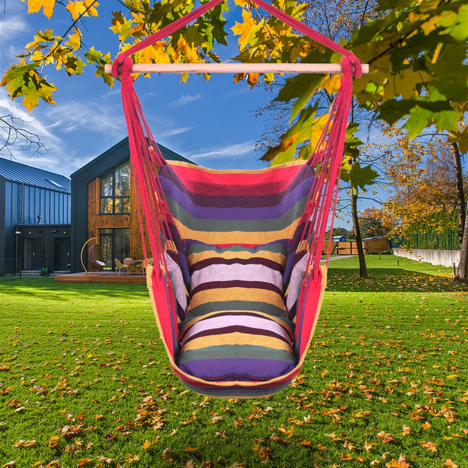 YeekTok Distinctive Cotton Canvas Hanging Rope Chair with Pillows Rainbow
