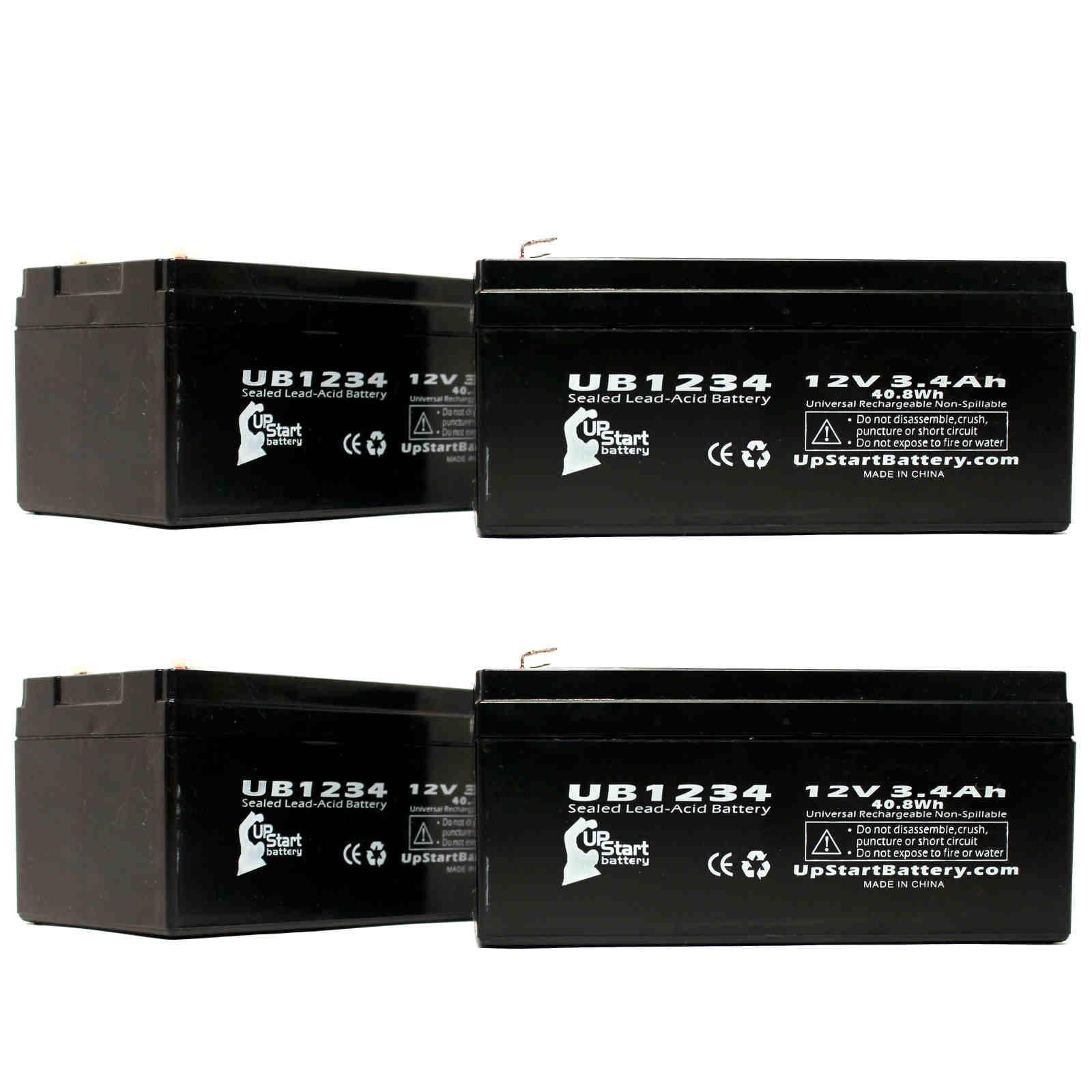 4x Pack - Compatible Hitachi HP3-12 Battery - Replacement UB1234 Universal Sealed Lead Acid Battery (12V, 3.4Ah, 3400mAh, F1 Terminal, AGM, SLA) - Includes TWO F1 to F2 Terminal Adapters