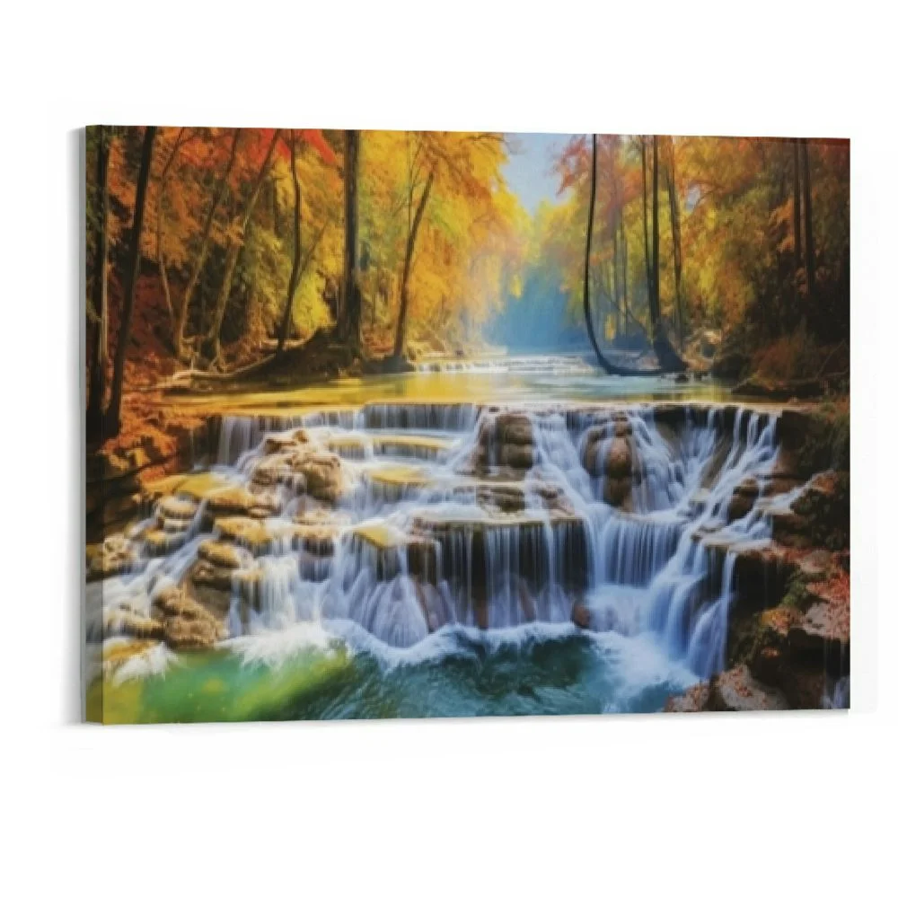 Chilfamy  Wall Art Decor Canvas Print Picture Waterfall River Park Forest Painting Autumn Artwork for Office Home Wall Decor Stretched and Framed Ready to Hang 20x16 Inch