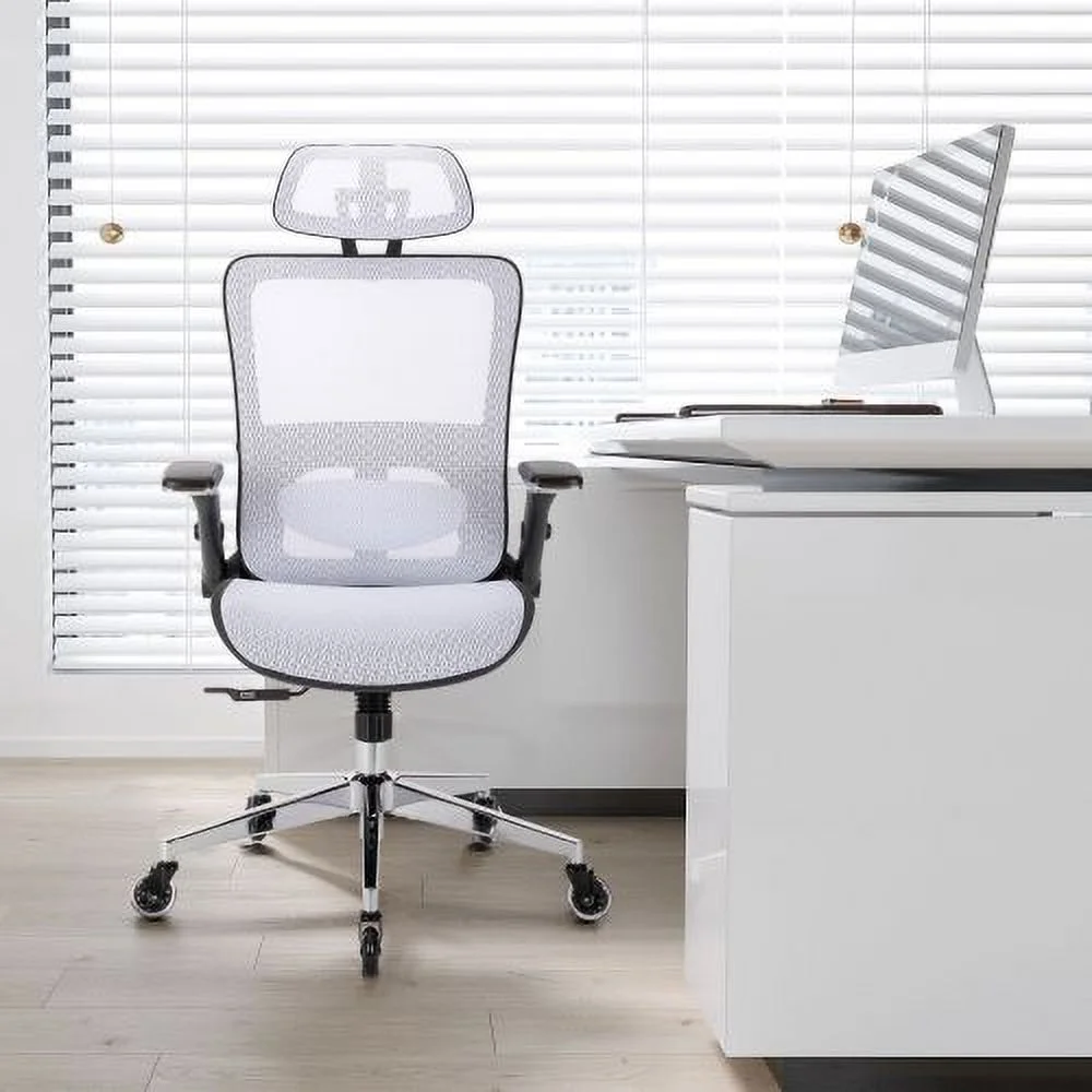 LEIYEHOOM WHITE Ergonomic Mesh Office Chair  High Back - Adjustable Headrest with Flip-Up Arms  Tilt and lock   Lumbar Support and blade Wheels  KD chrome metal legs