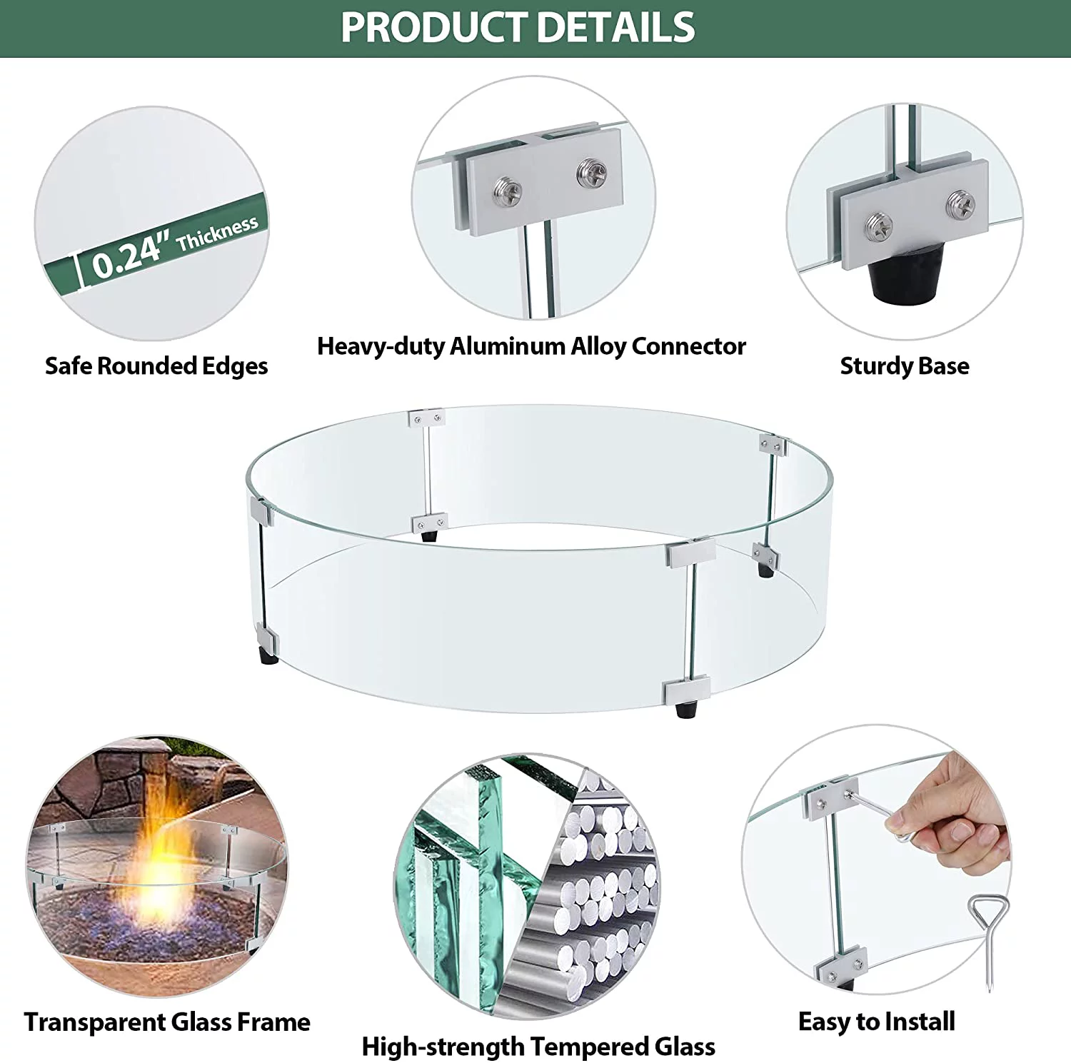 Trigoo Round Fire Pit Wind Guard 24 x 24 x 6 Inch Tempered Glass Frame Fence