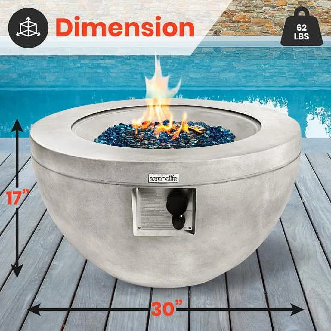 SereneLife Concrete Outdoor Propane Fire Pit Table-CSA/ETL Certified Safe 40,000 Pulse Ignition Weatherproof Round Propane Gas Fire Table -Adjustable Flame, Thermocouple -PVC Cover, Lava Rock-SLFPBAL