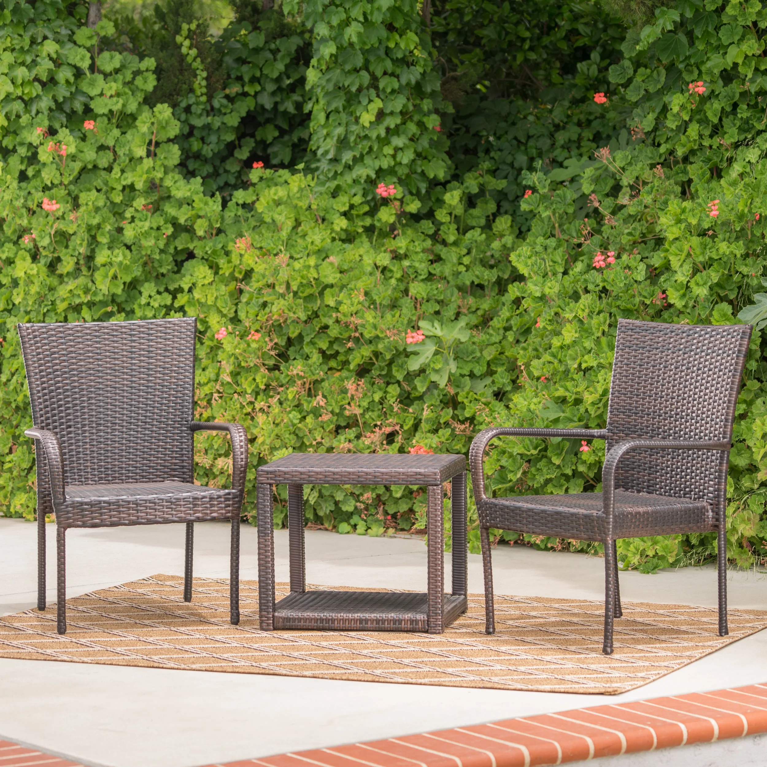 Kennedy Outdoor 3 Piece Wicker Stacking Chair Chat Set, Multibrown
