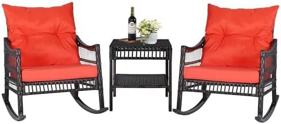 HYHBIBOOM 3 Pieces Outdoor Rattan Rocking  with Cushions  Patio Wicker  Set with Rocker Chair & Glass Coffee Table  Conversation Set for Porch  Balcony  Backyard  Cream White
