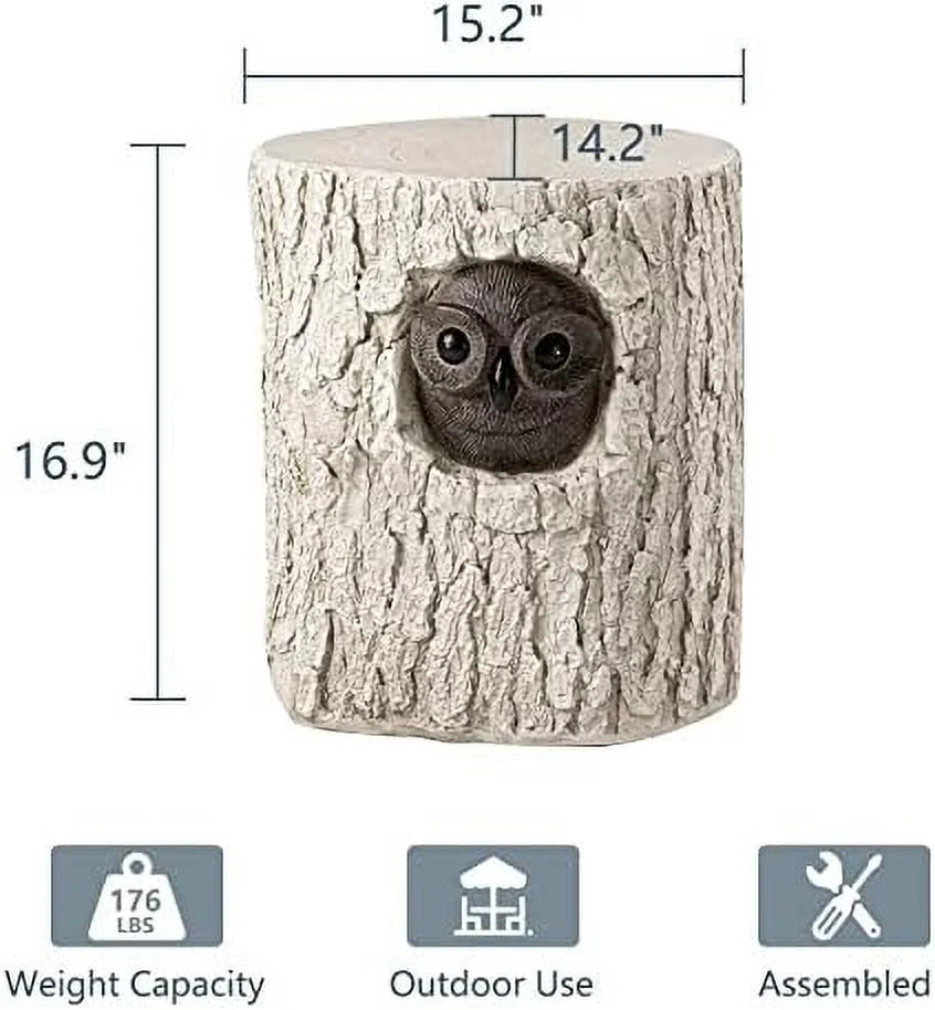 SQRTCV Outdoor Antique Beige  Faux Wood  -Painted Wood Stump Stool w Sculpted Owl  Outdoor Accent Table  Ottomans  Plant Stand  Deck or Garden