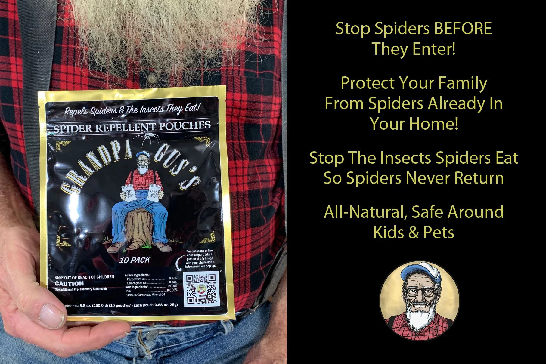 Grandpa Gus's Spider Repellent Pouches with Lemongrass & Peppermint Oils, Repels All Spiders and The Insects They Eat (Pack of 10)