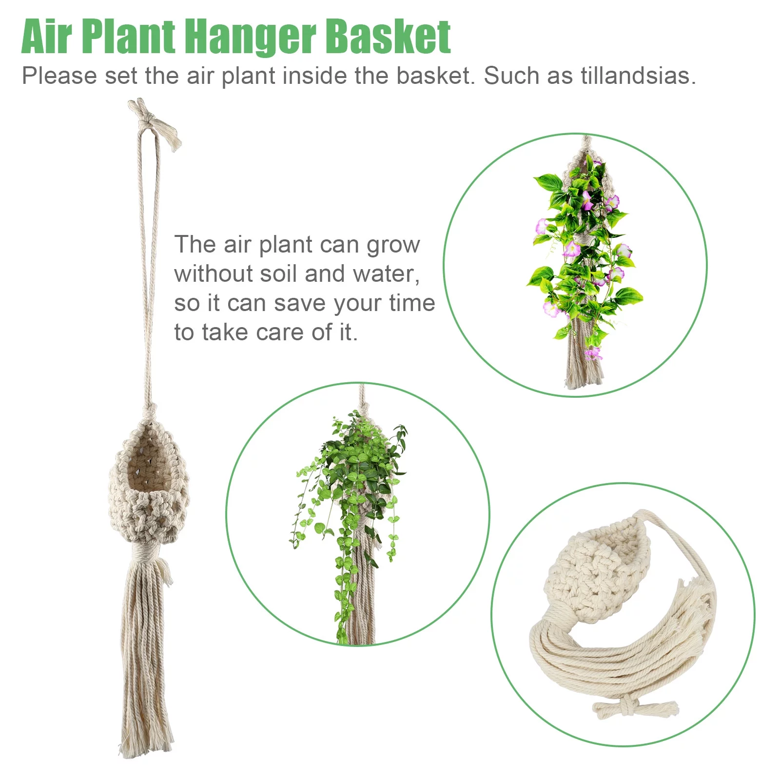 TSV Air Plant Hanger, Cotton Rope Hanging Planter Basket for Indoor Outdoor Yard Bedroom Patio Garden