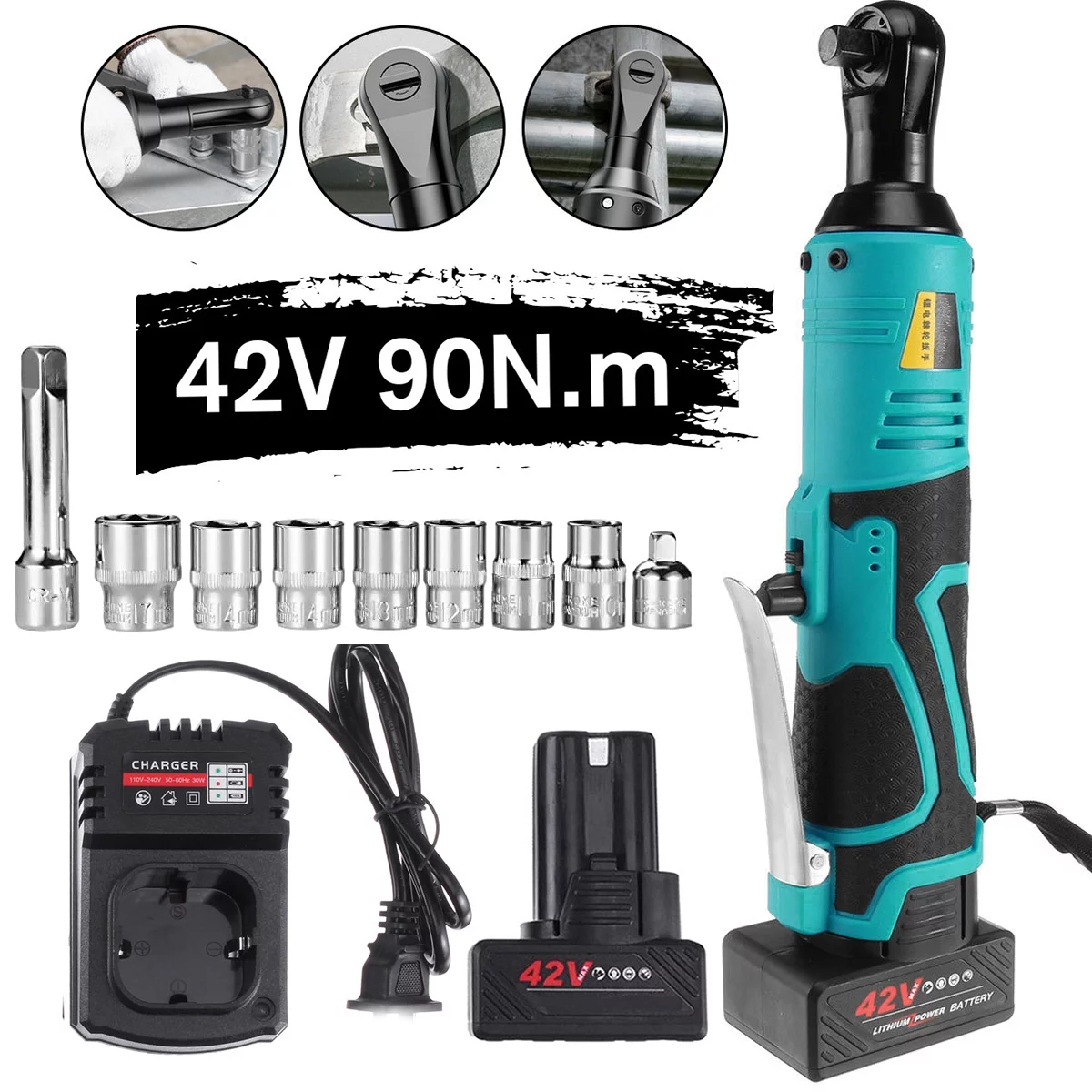iMeshbean 42V 90N.m Cordless Ratchet Wrench Set, 3/8