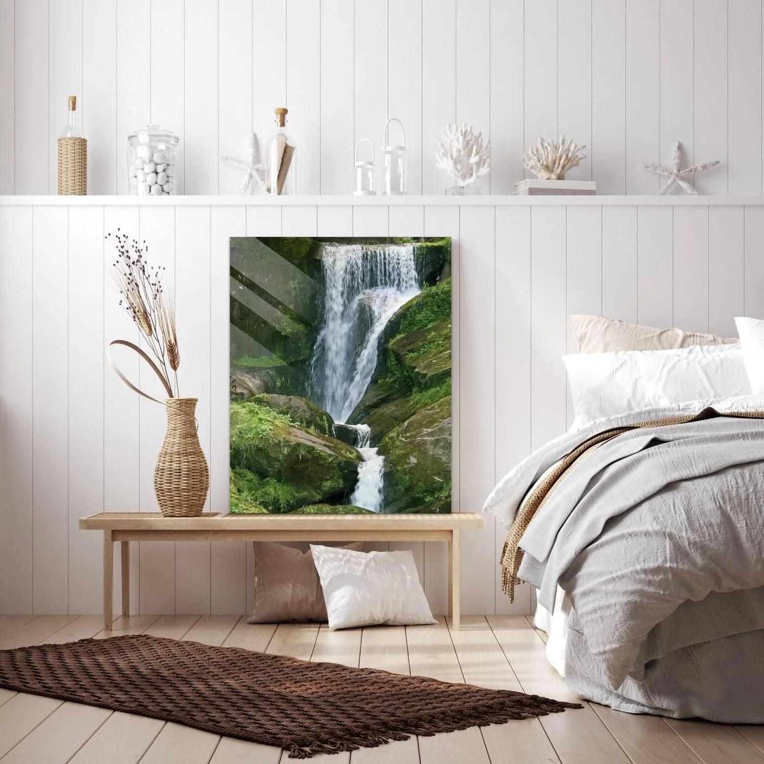 HelloGlass Tempered Glass Wall Art Decor Triberg Waterfalls with overgrown stones Prints On Glass Paingting Picture Modern Artworks For Living Room Bedroom Office 12x8inch