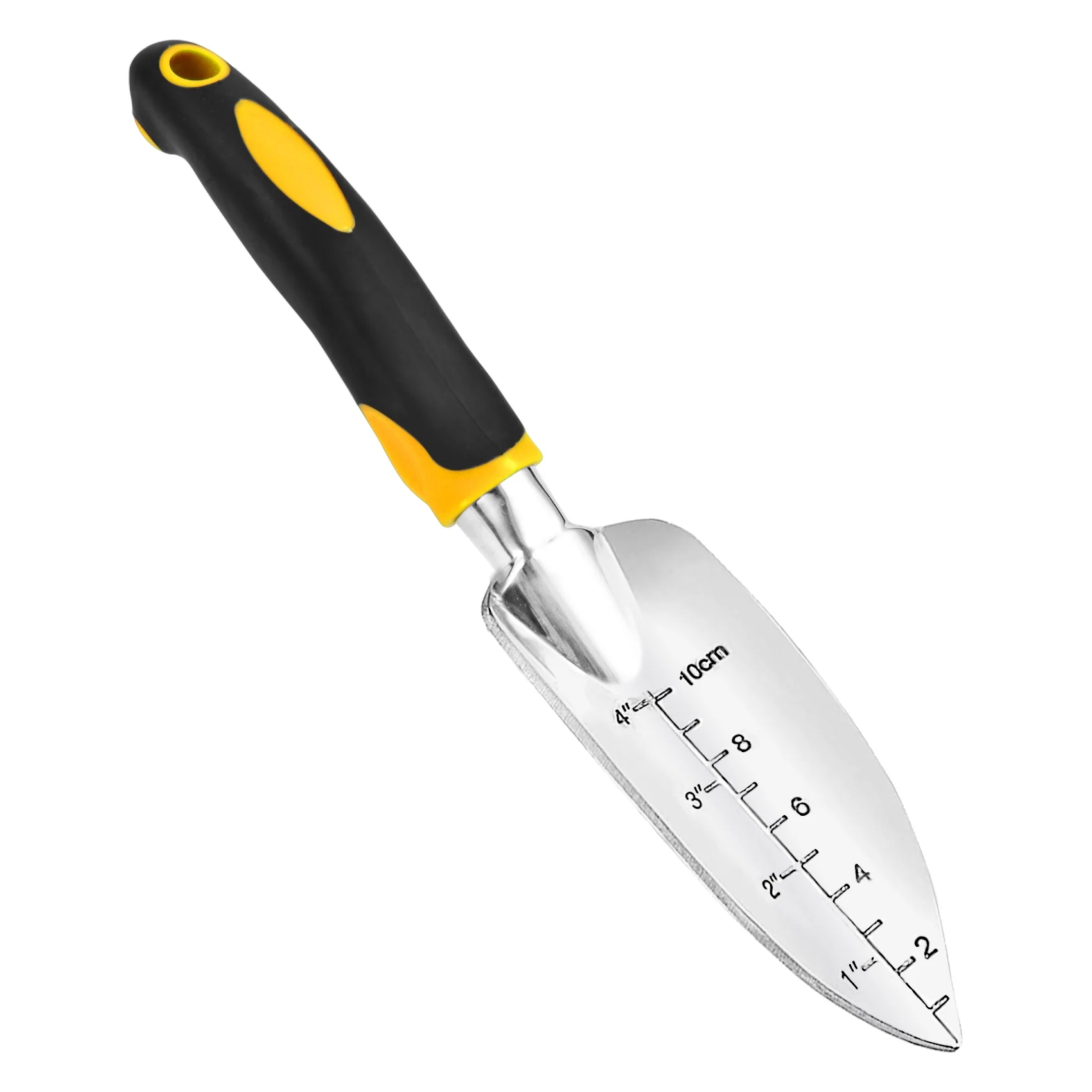 Transplanter Trowel Garden Shovel Hand Trowel Cast-Aluminum Heavy Duty Gardening Tool Depth Marker Measurement Trowel with Ergo Handle for Digging and Planting Engraved Depth Guide (Yellow)