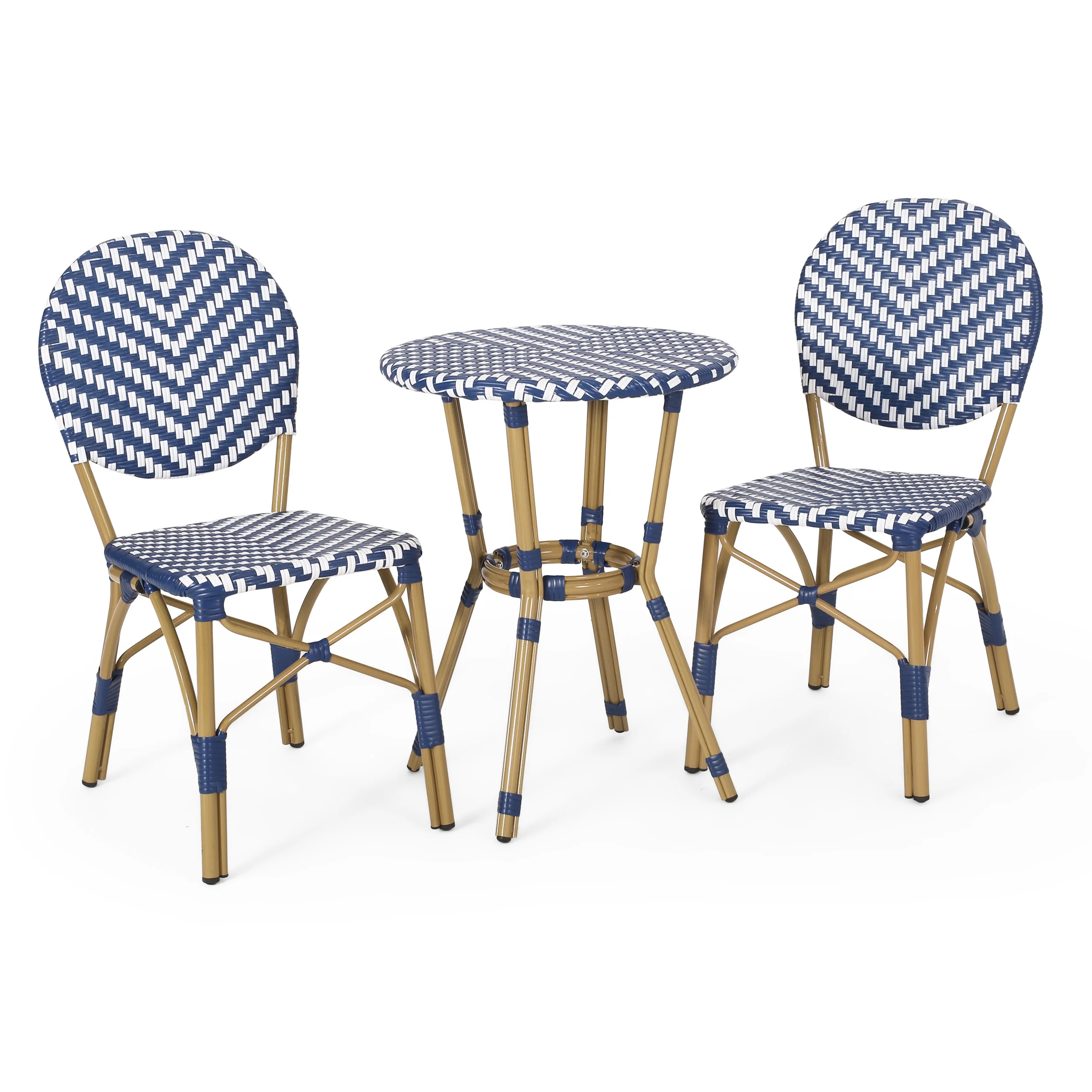GDF Studio Deshler Outdoor Aluminum 3 Piece French Bistro Set, Navy Blue, White, and Bamboo Finish