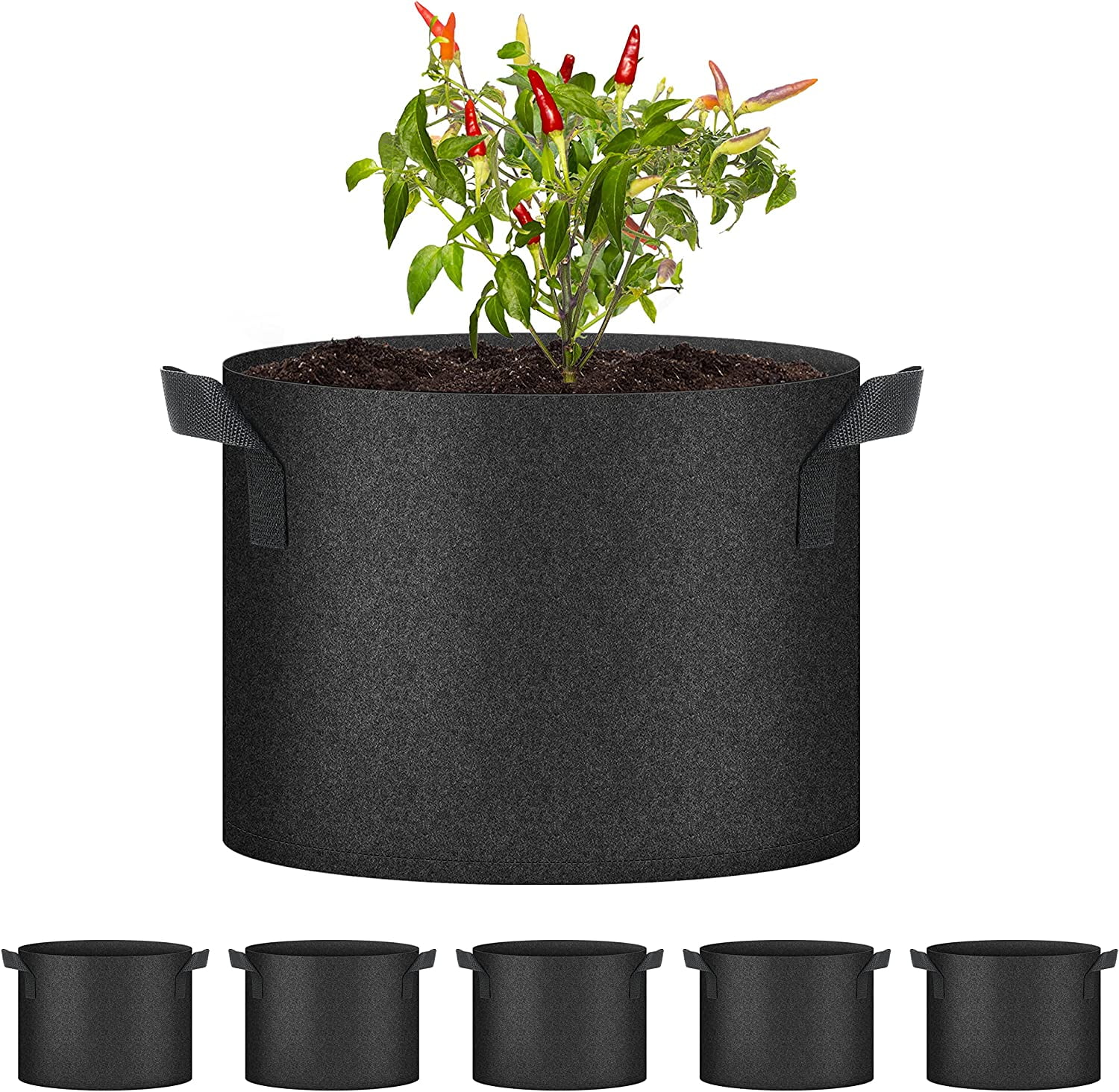Nvzi Plant Grow Bags 7 Gallon, Tomoato Planter Pots 5-Pack with Handles, Aeration Nonwoven Fabric, Heavy Duty Gardening Planter for Vegetable, Herbs and Flowers, Black