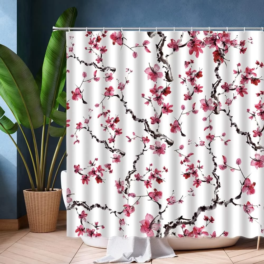 Sonernt Cherry Blossom Shower Curtain Pink Floral Japanese Sakura Plum Floral Blooming Flower Asian Bathroom Decor with 12 Hook 72X72 INCH