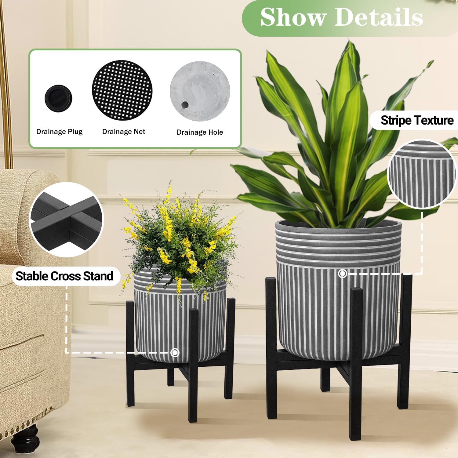 Plant Pot with Stand 2pcs 10 & 12 inches, Mid-Century Tall Planter with Legs for Indoor Plants, Boho Purple Print Standing Plant Pot with Drainage Plug for Monstera, Herb, Succulent Flower Pot