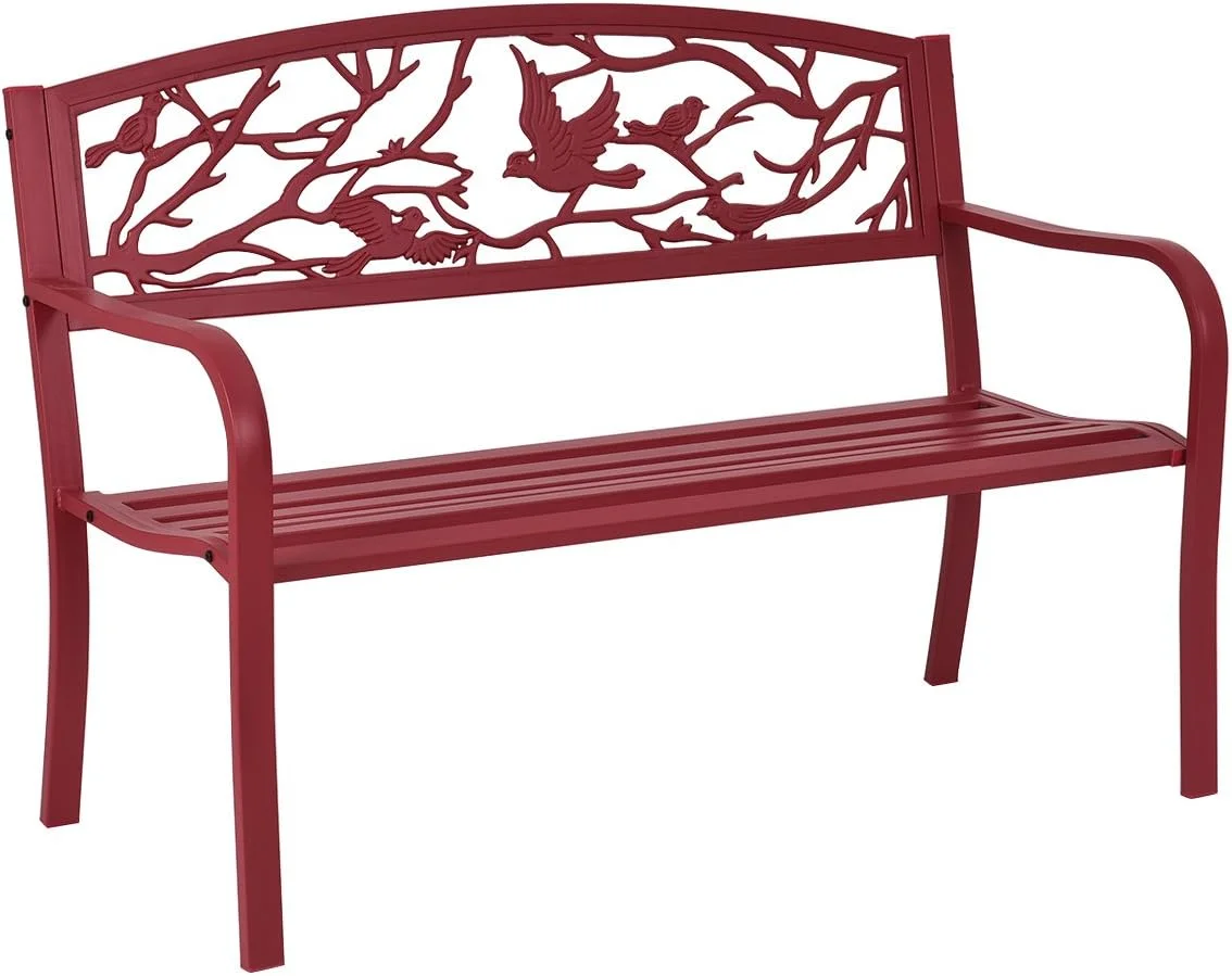 Patio Garden Bench Park Yard Outdoor Furniture Cast Iron Porch Chair (Red)