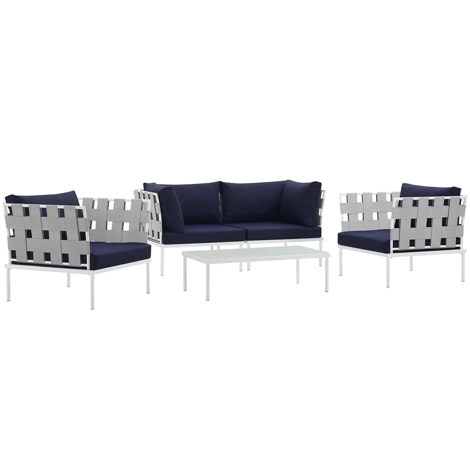Modern Contemporary Urban Design Outdoor Patio Balcony Five PCS Sectional Sofa Set, Navy Blue White, Rattan