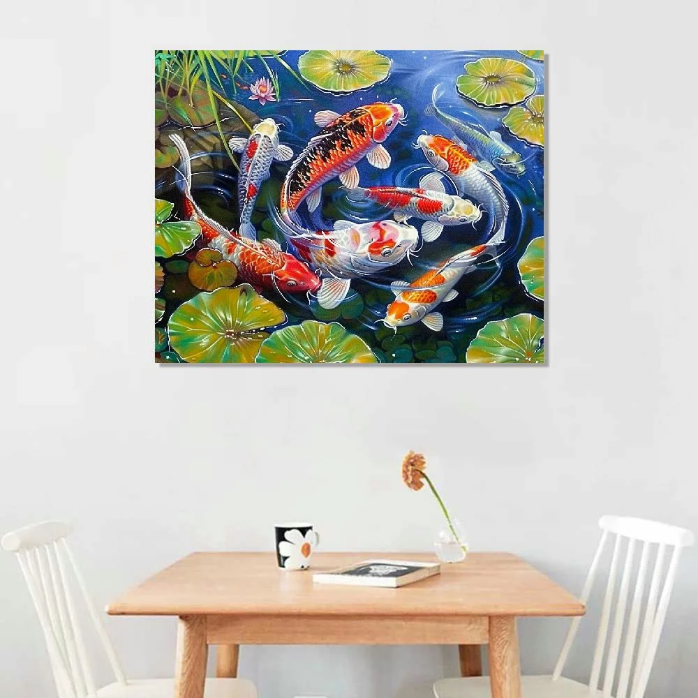 EastSmooth Nine Koi Fish Feng Shui Carp Lotus Pond Pictures Abstract Canvas Wall Art for Living Room Modern Home Decor