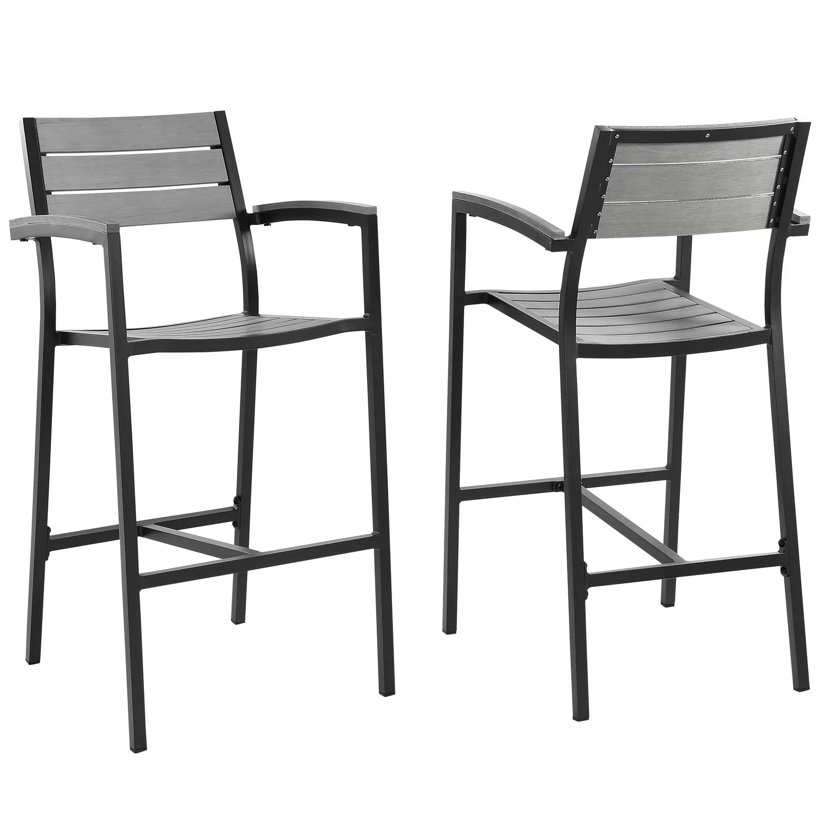 Bar Side Stool Chair, Set of 2, Dark Brown Gray, Metal, Outdoor Patio Balcony Cafe Bistro Garden Hospitality Restaurant, Modern Contemporary HB32669