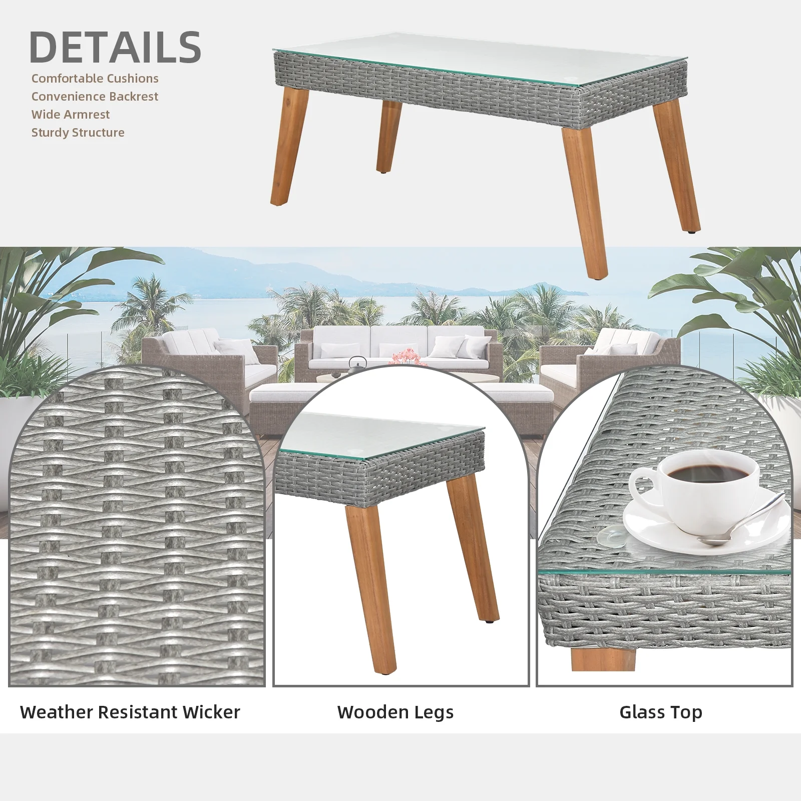 4 Piece Outdoor Patio Furniture Set, Resin Rattan and Acacia Wood Chairs Conversation Furniture Set for Backyard Balcony Deck with Soft Cushions and Table, Grey