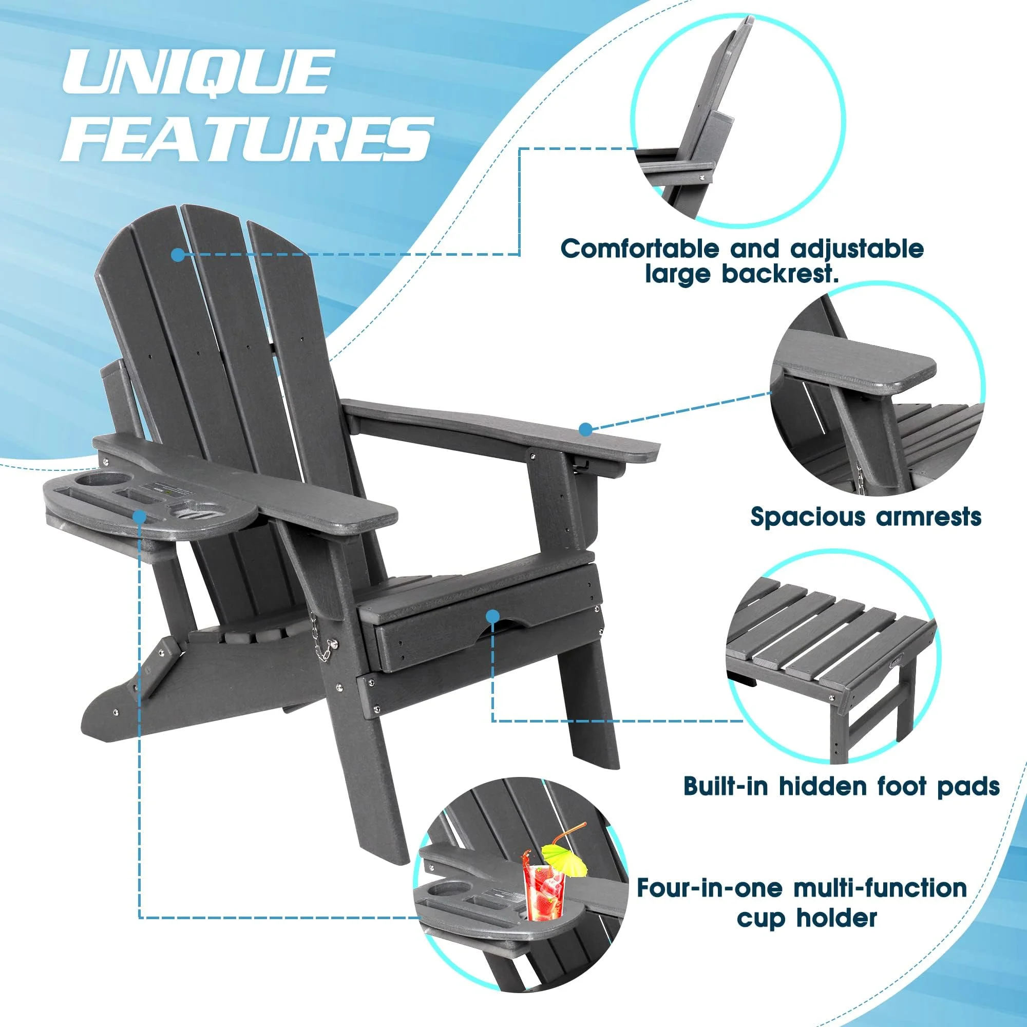 Folding Adirondack Chair with Retractable Ottoman, HDPE All-Weather Resistant Adjustable Backrest Adirondack Chair w/4 in 1 Cup Holder Trays, Wood Texture Grey