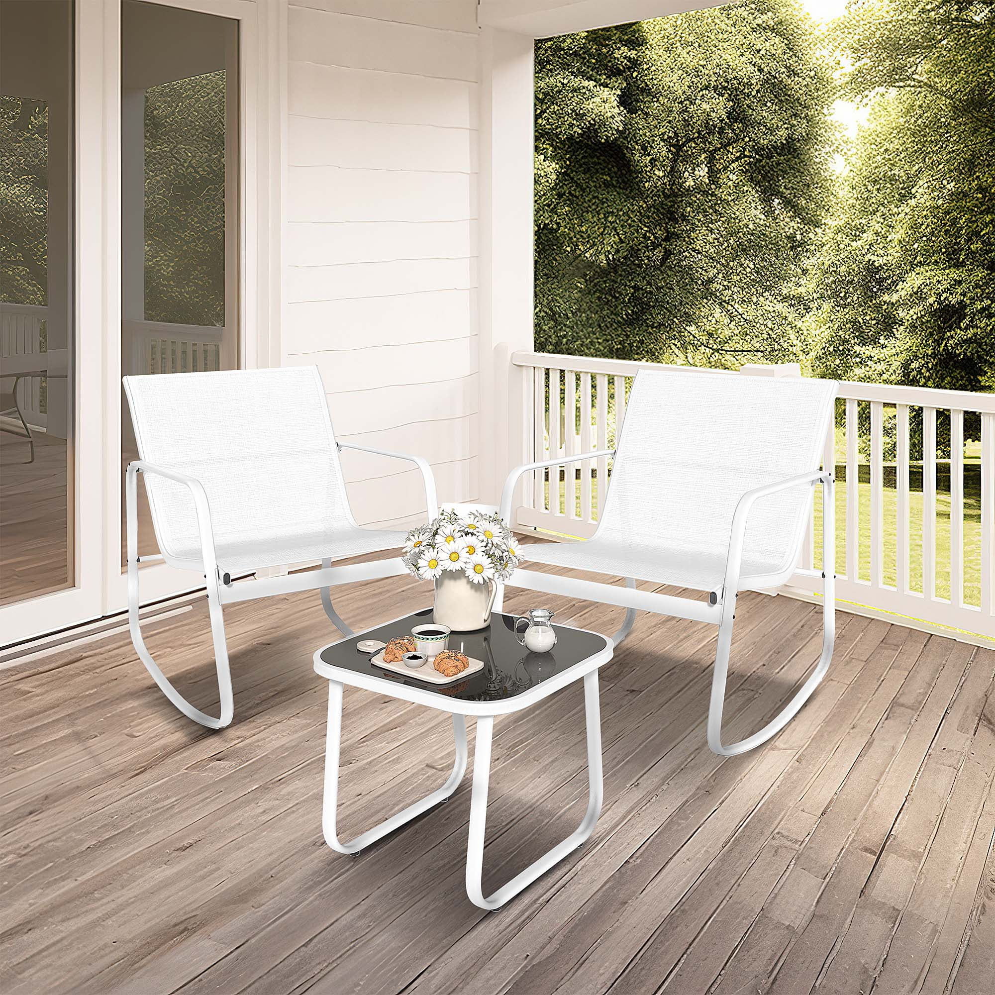 Dextrus 3 Pieces Outdoor Bistro Set - 2 Rocking Chairs with Glass Coffee Table, Conversation Furniture Set for Outdoor Indoor
